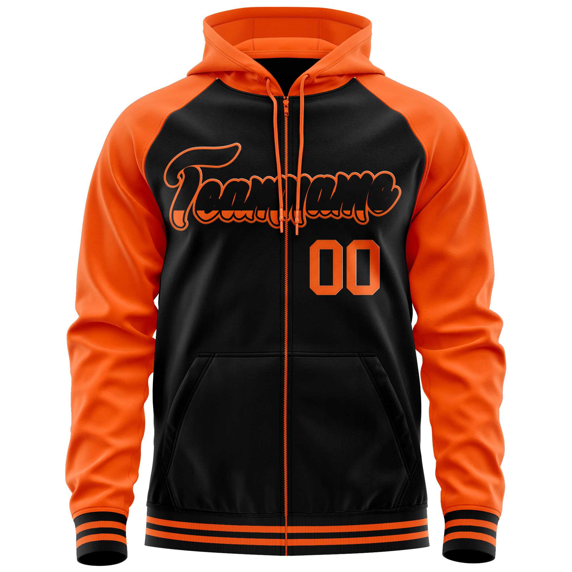 Custom Stitched Black Orange Raglan Sleeves Sports Full-Zip Sweatshirt Hoodie