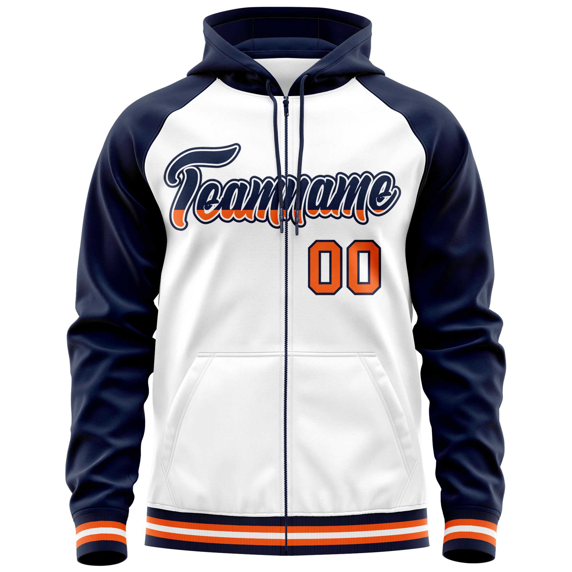 Custom Stitched White Navy Raglan Sleeves Sports Full-Zip Sweatshirt Hoodie