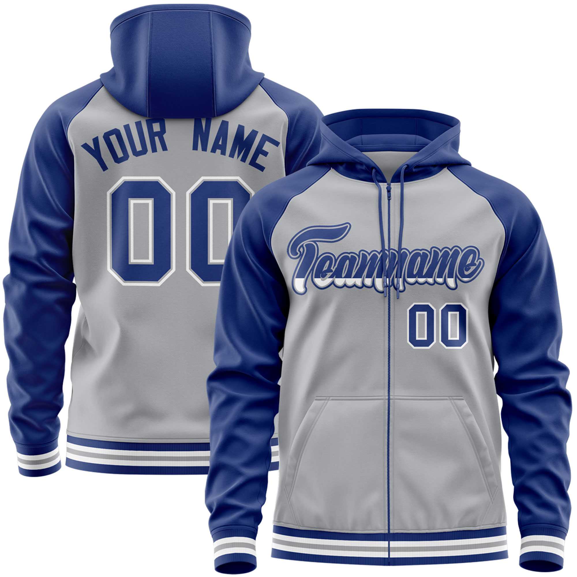 Custom Stitched Gray Royal Raglan Sleeves Sports Full-Zip Sweatshirt Hoodie