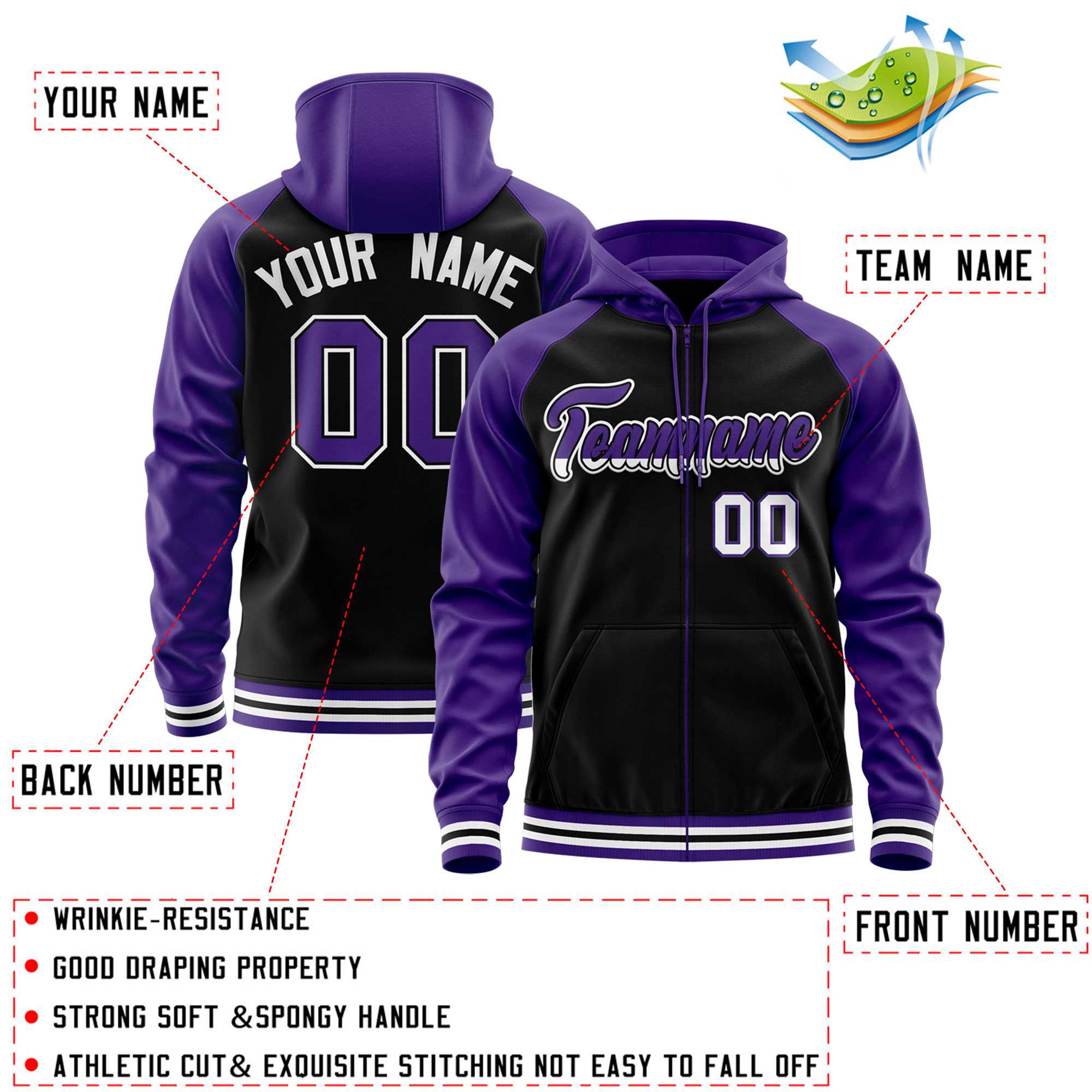 Custom Stitched Black Purple Raglan Sleeves Sports Full-Zip Sweatshirt Hoodie