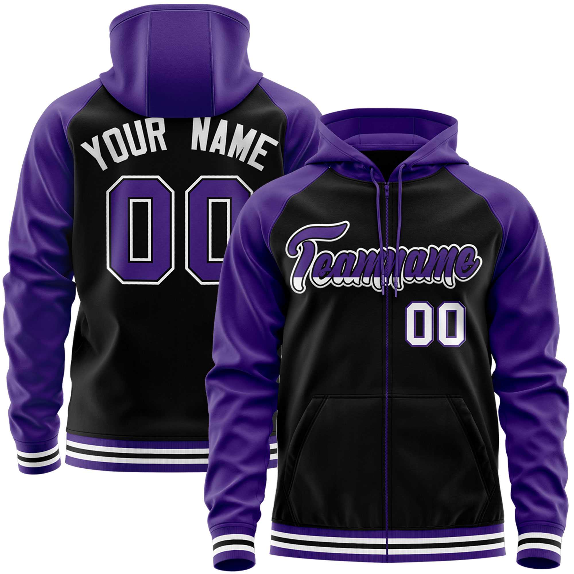 Custom Stitched Black Purple Raglan Sleeves Sports Full-Zip Sweatshirt Hoodie