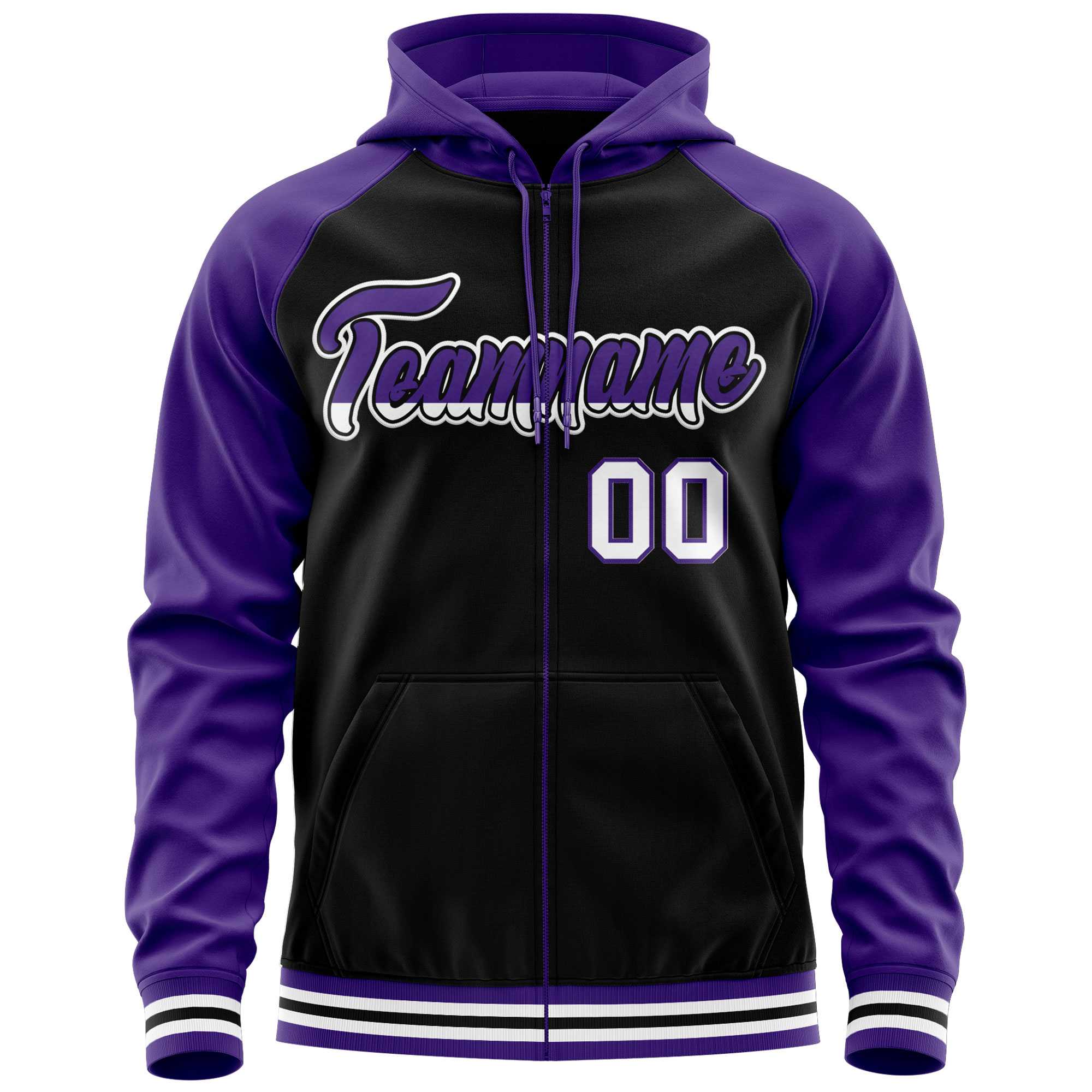 Custom Stitched Black Purple Raglan Sleeves Sports Full-Zip Sweatshirt Hoodie