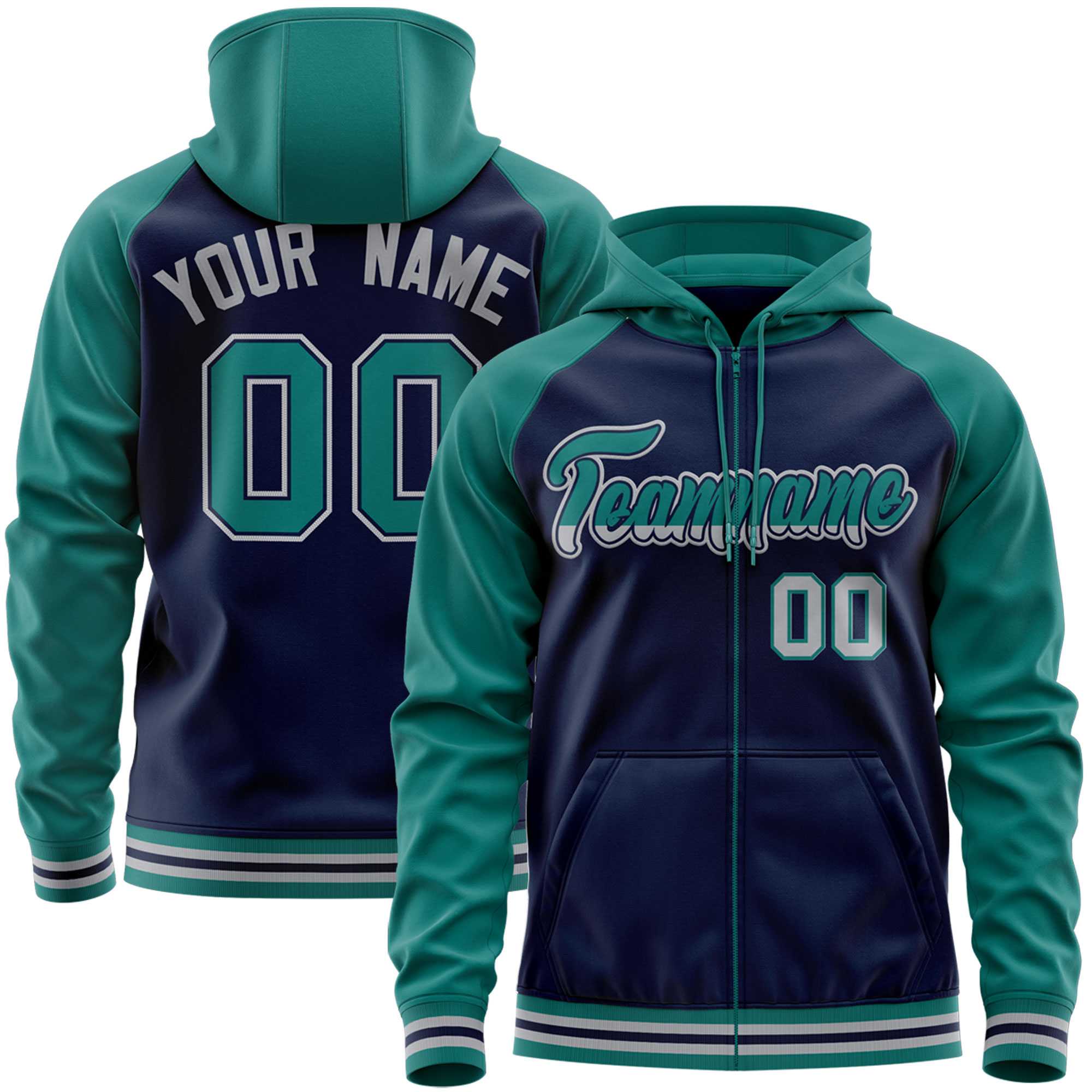 Custom Stitched Navy Aqua Raglan Sleeves Sports Full-Zip Sweatshirt Hoodie