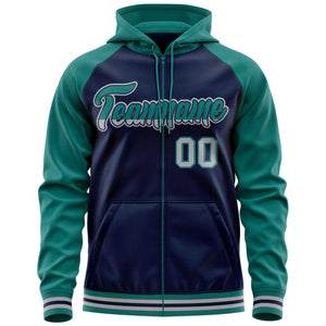 Custom Stitched Navy Aqua Raglan Sleeves Sports Full-Zip Sweatshirt Hoodie