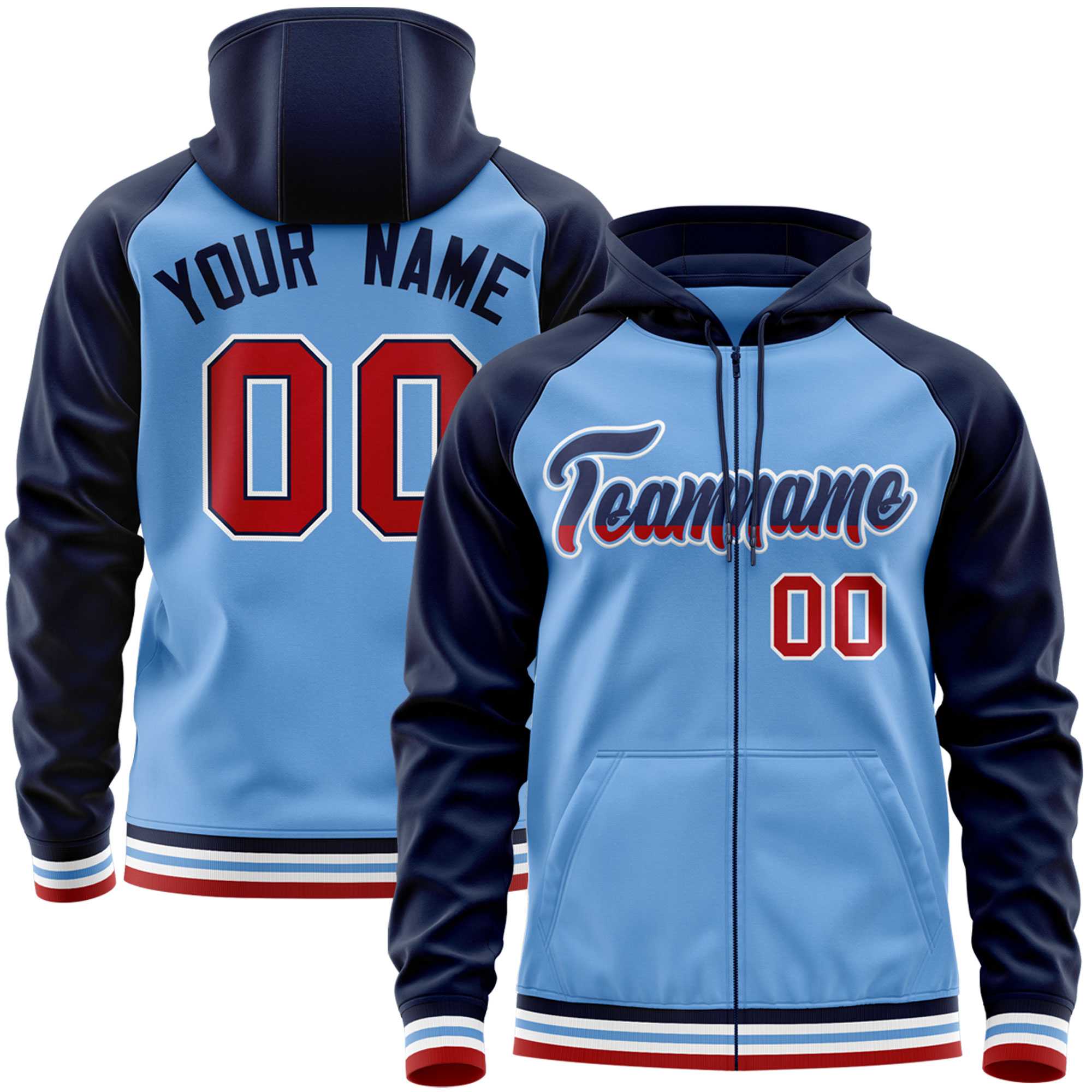 Custom Stitched Powder Blue Navy Raglan Sleeves Sports Full-Zip Sweatshirt Hoodie