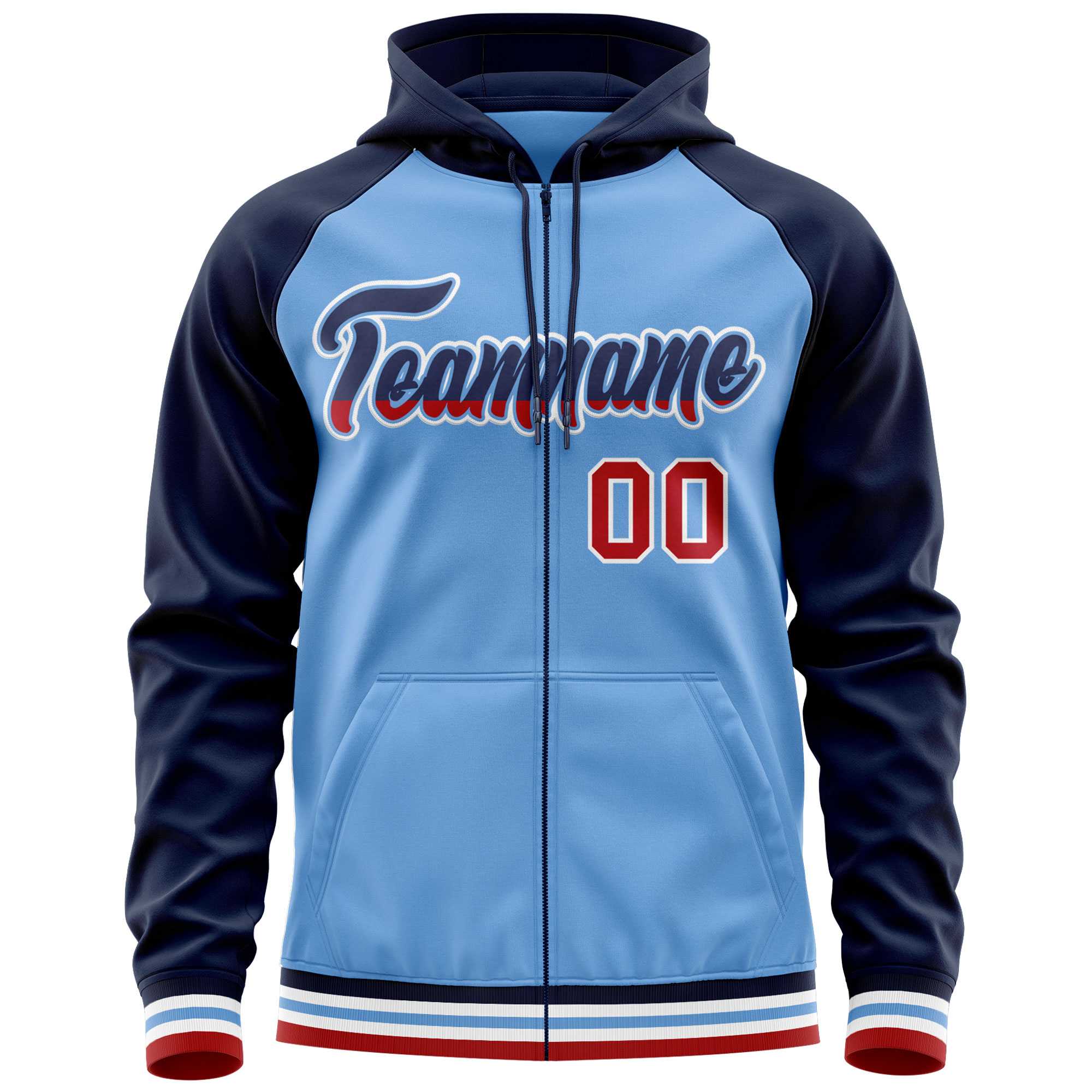 Custom Stitched Powder Blue Navy Raglan Sleeves Sports Full-Zip Sweatshirt Hoodie