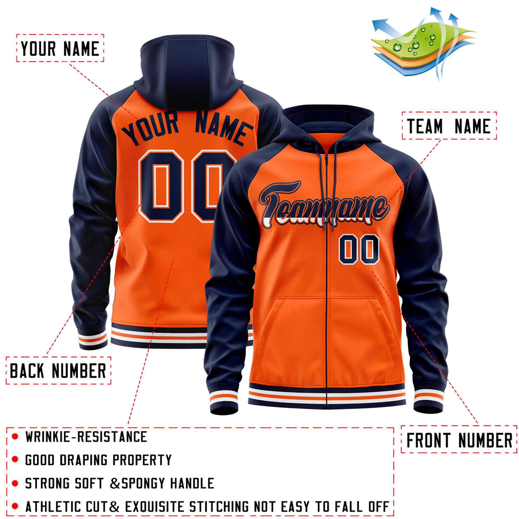 Custom Stitched Orange Navy Raglan Sleeves Sports Full-Zip Sweatshirt Hoodie