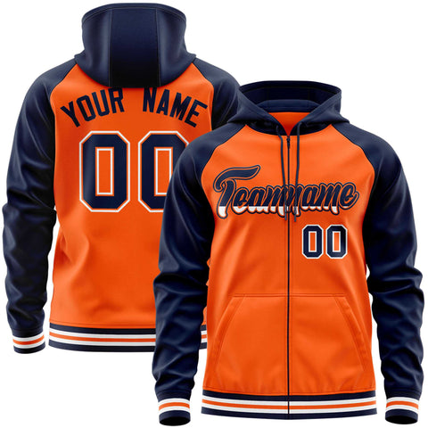 Custom Stitched Orange Navy Raglan Sleeves Sports Full-Zip Sweatshirt Hoodie