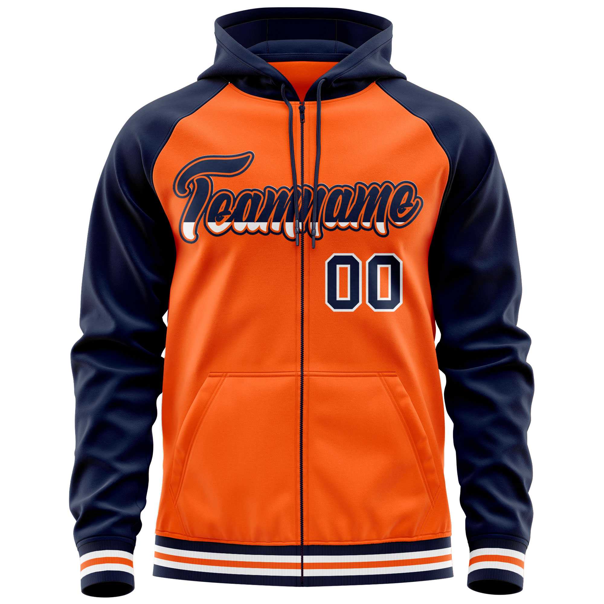 Custom Stitched Orange Navy Raglan Sleeves Sports Full-Zip Sweatshirt Hoodie