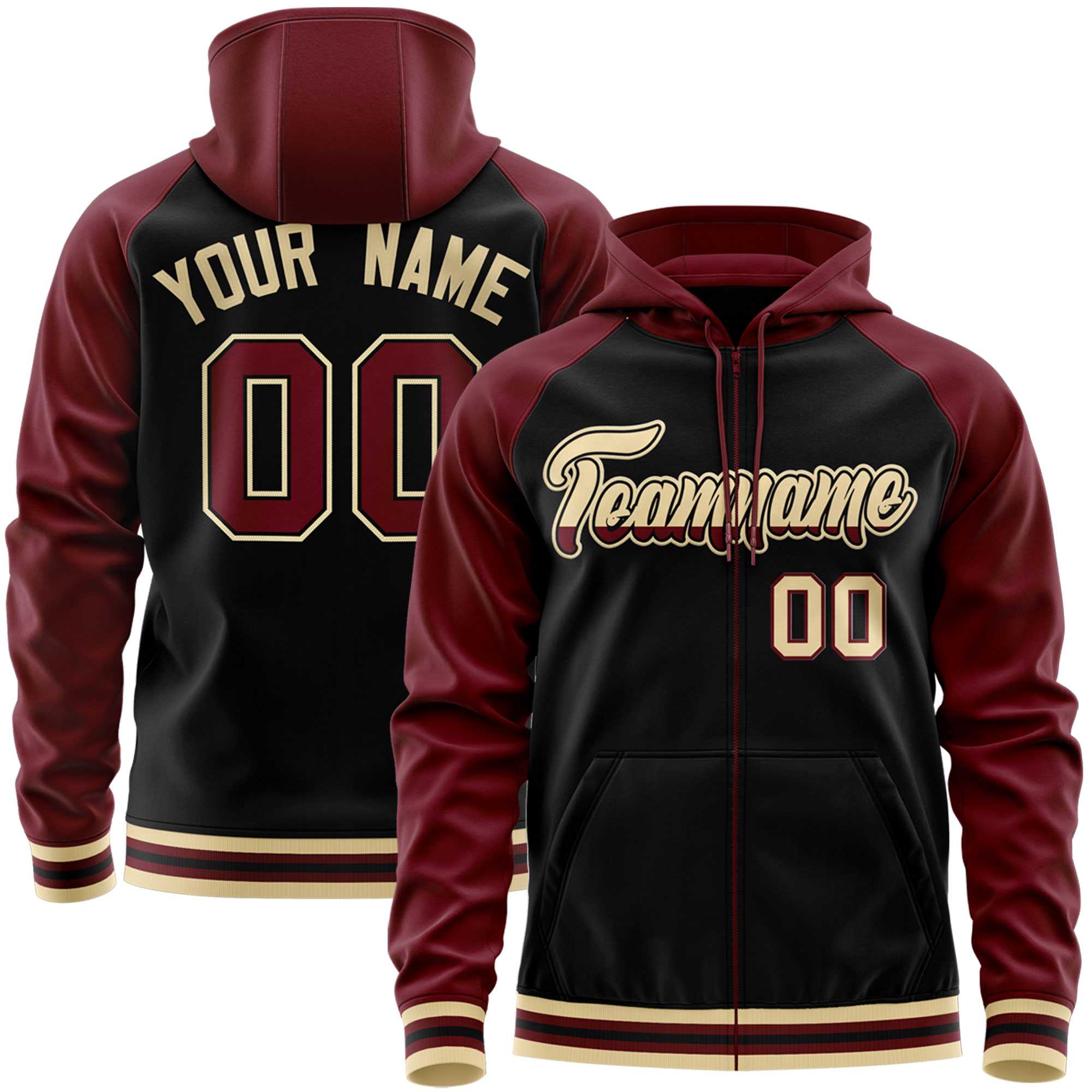 Custom Stitched Black Crimson Raglan Sleeves Sports Full-Zip Sweatshirt Hoodie