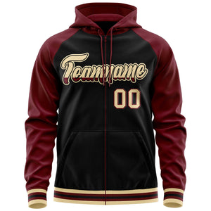 Custom Stitched Black Crimson Raglan Sleeves Sports Full-Zip Sweatshirt Hoodie