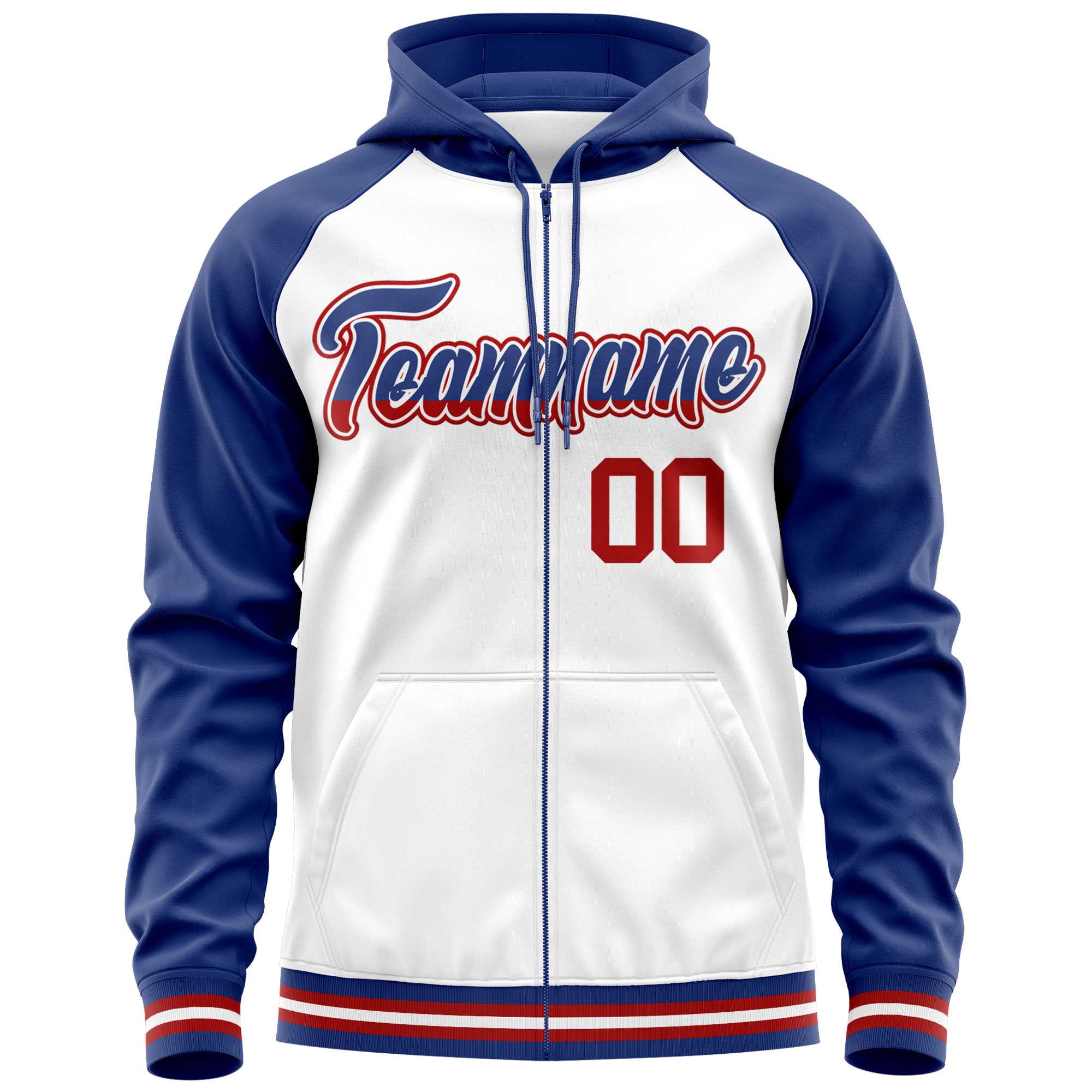 Custom Stitched White Royal Raglan Sleeves Sports Full-Zip Sweatshirt Hoodie