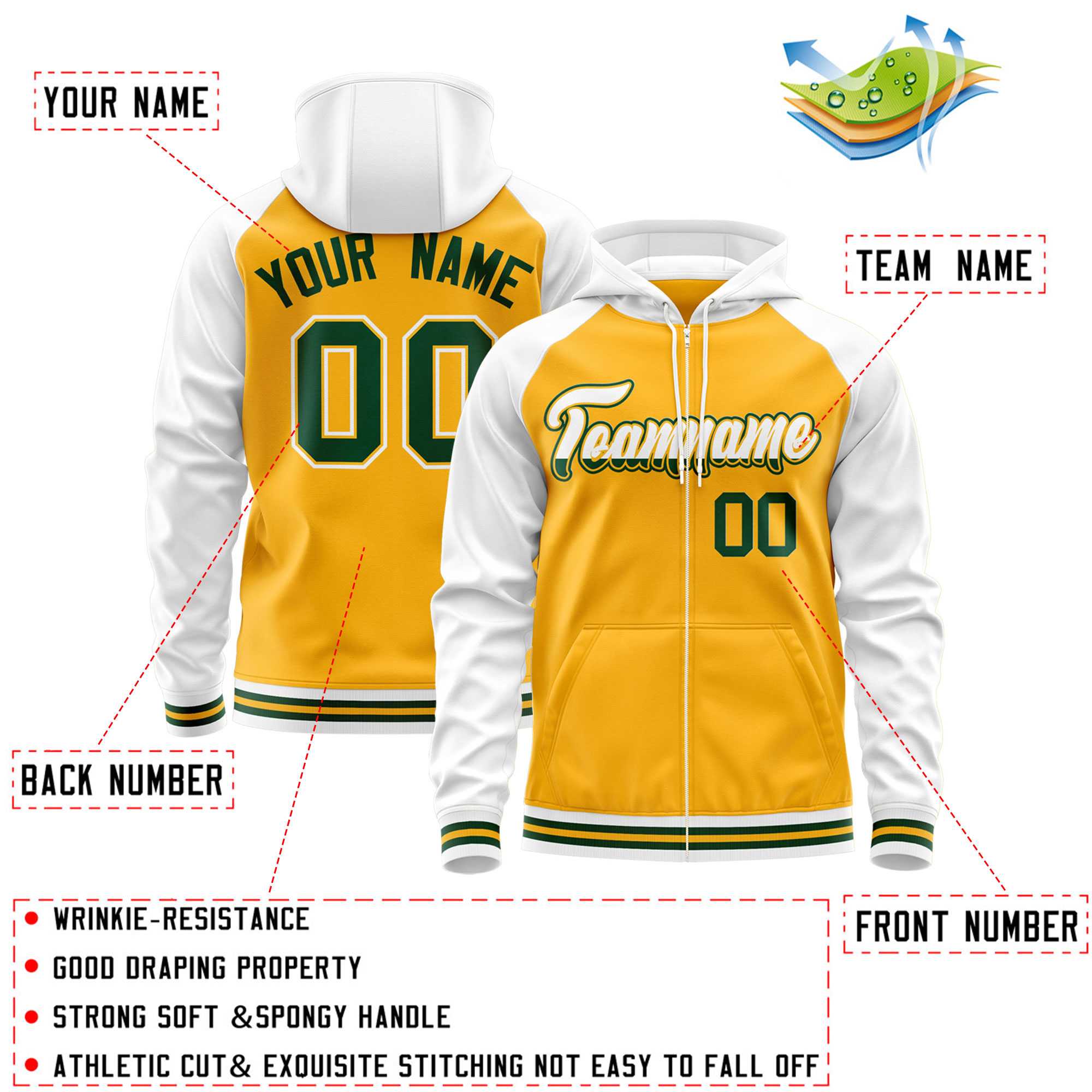 Custom Stitched Yellow White Raglan Sleeves Sports Full-Zip Sweatshirt Hoodie