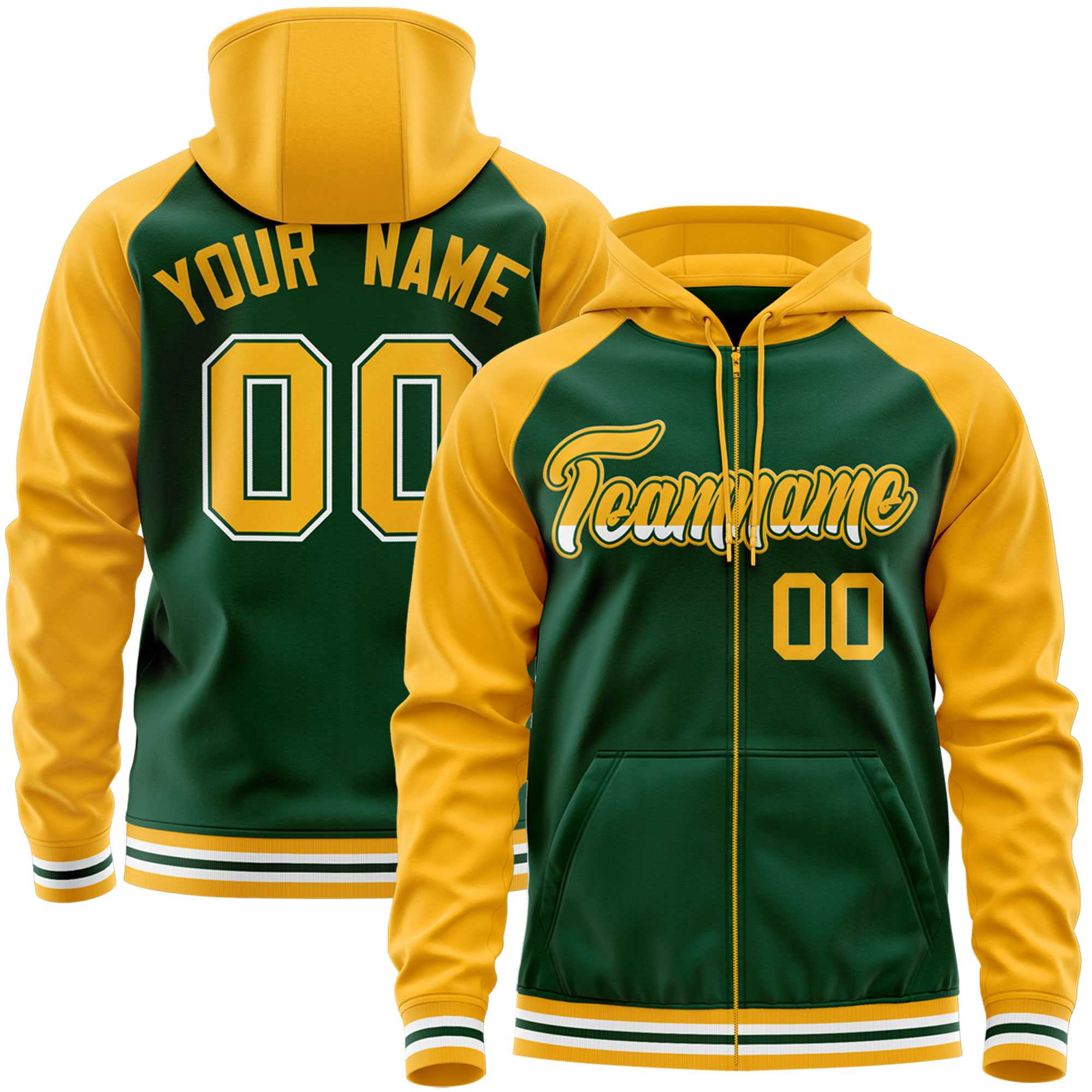 Custom Stitched Green Yellow Raglan Sleeves Sports Full-Zip Sweatshirt Hoodie