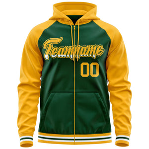 Custom Stitched Green Yellow Raglan Sleeves Sports Full-Zip Sweatshirt Hoodie