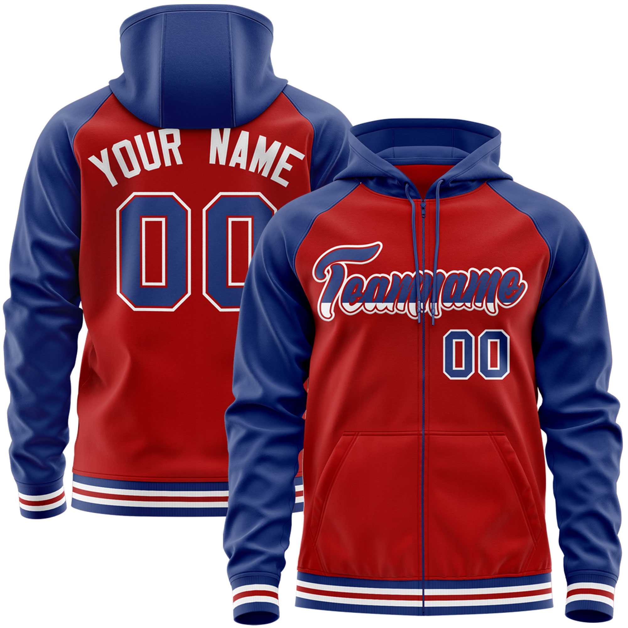 Custom Stitched Red Royal Raglan Sleeves Sports Full-Zip Sweatshirt Hoodie