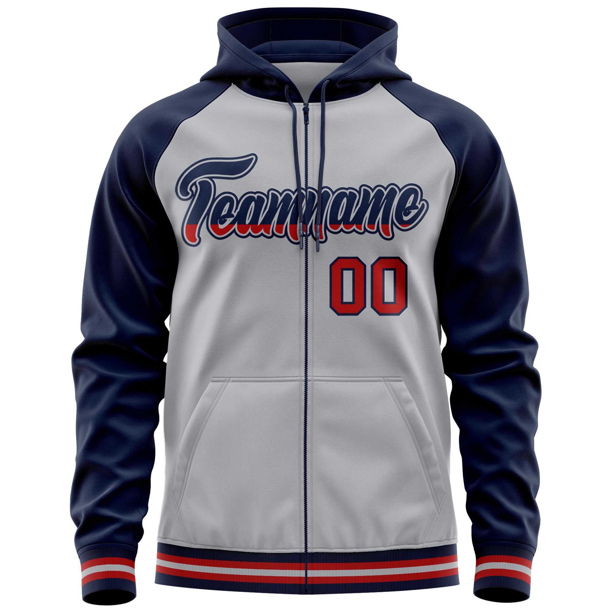 Custom Stitched Gray Navy Raglan Sleeves Sports Full-Zip Sweatshirt Hoodie