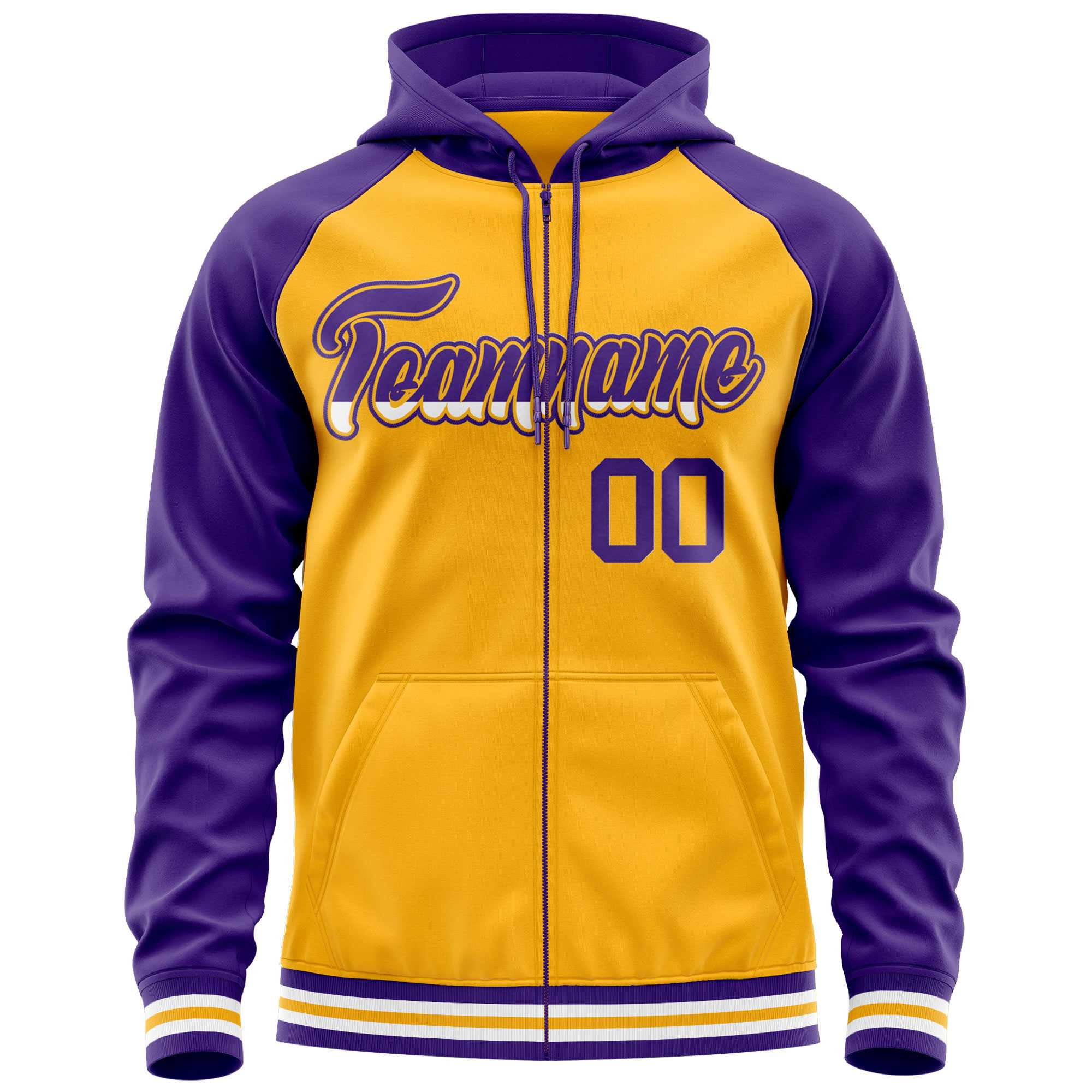 Custom Stitched Yellow Purple Raglan Sleeves Sports Full-Zip Sweatshirt Hoodie