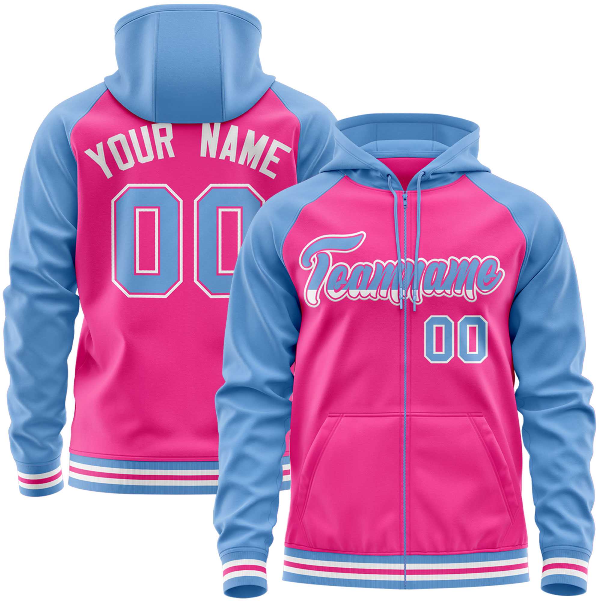 Custom Stitched Pink Powder Blue Raglan Sleeves Sports Full-Zip Sweatshirt Hoodie