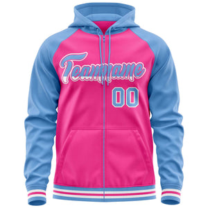 Custom Stitched Pink Powder Blue Raglan Sleeves Sports Full-Zip Sweatshirt Hoodie