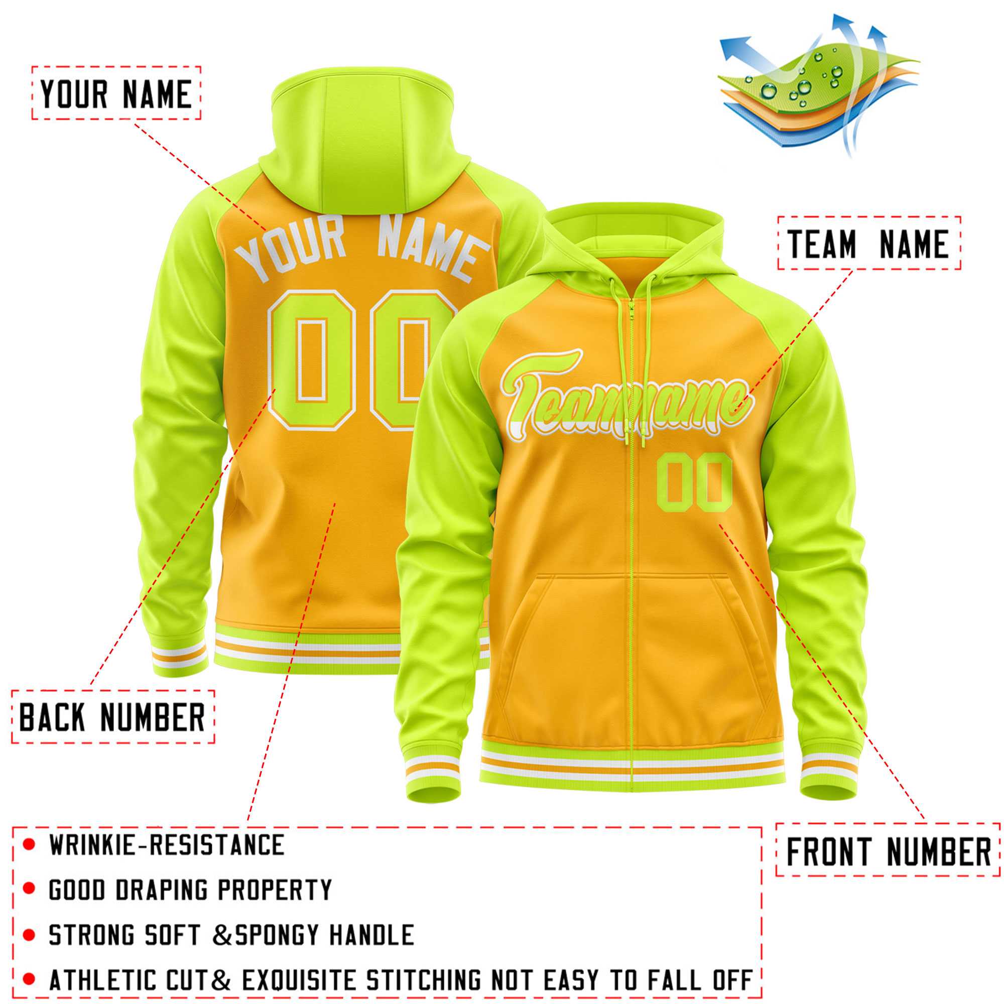 Custom Stitched Yellow Neon Green Raglan Sleeves Sports Full-Zip Sweatshirt Hoodie