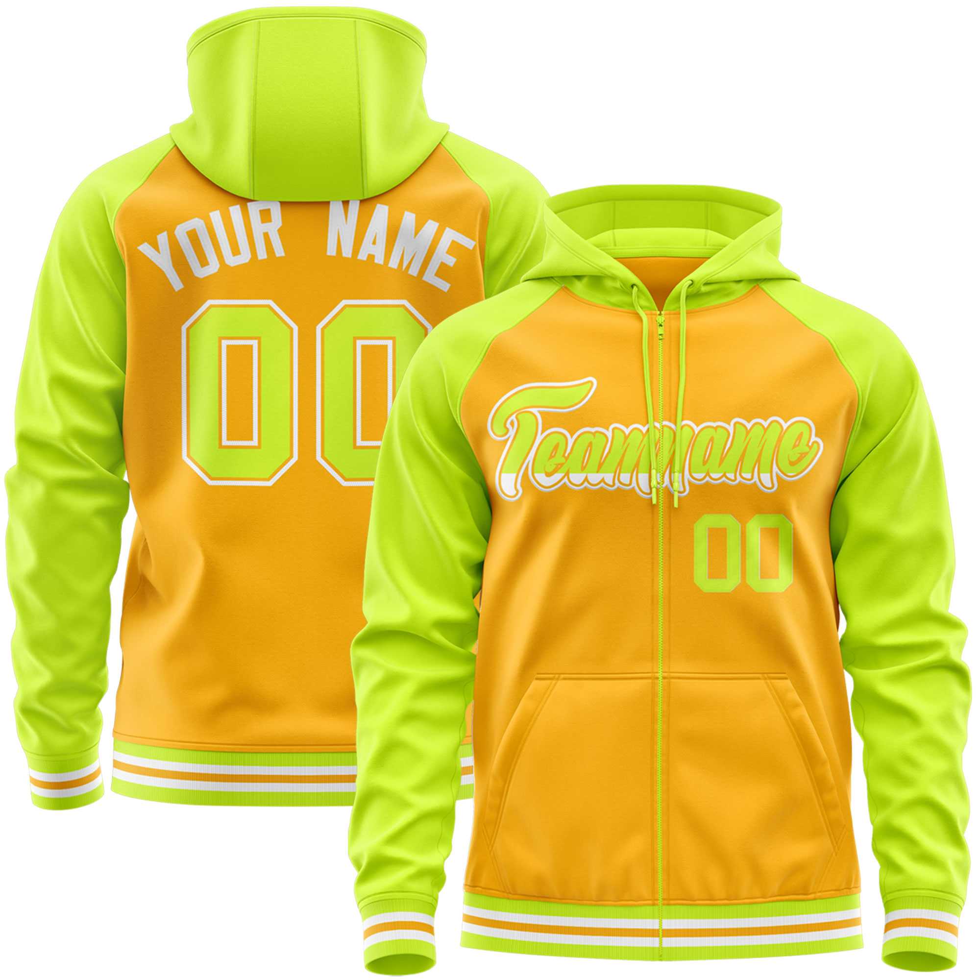 Custom Stitched Yellow Neon Green Raglan Sleeves Sports Full-Zip Sweatshirt Hoodie