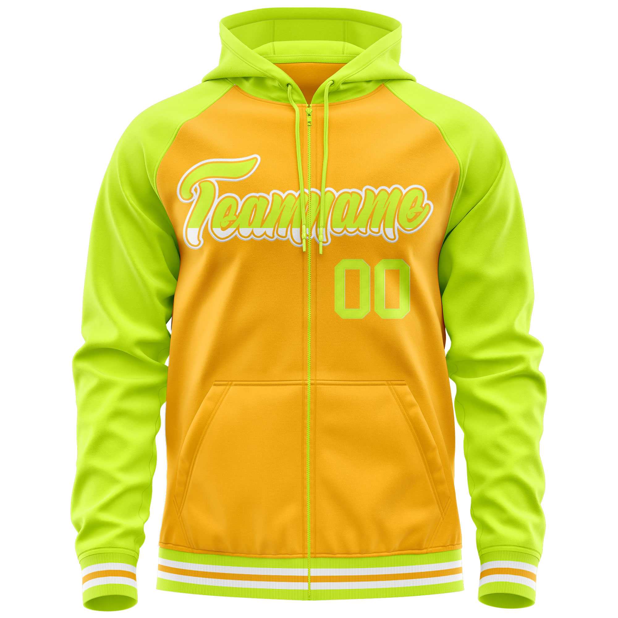 Custom Stitched Yellow Neon Green Raglan Sleeves Sports Full-Zip Sweatshirt Hoodie