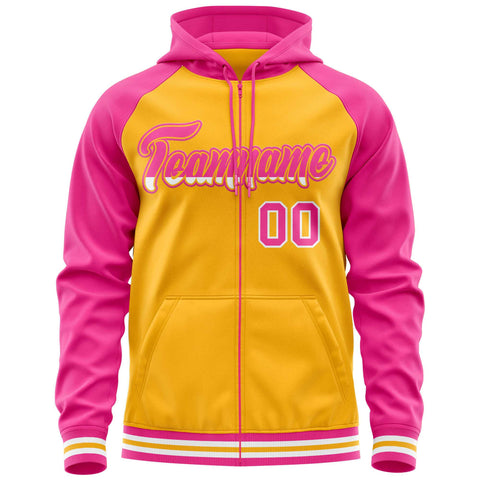 Custom Stitched Yellow Pink Raglan Sleeves Sports Full-Zip Sweatshirt Hoodie