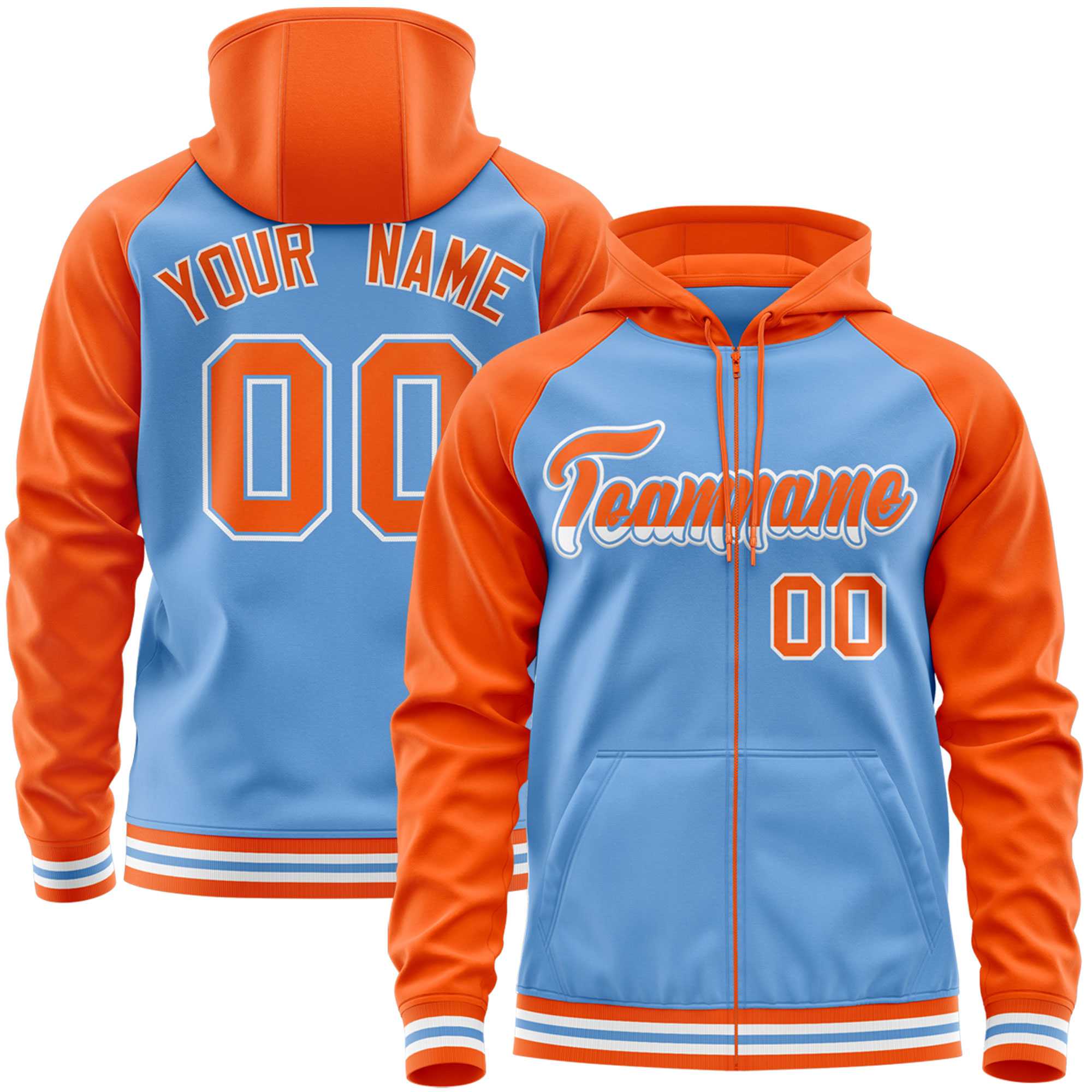 Custom Stitched Powder Blue Orange Raglan Sleeves Sports Full-Zip Sweatshirt Hoodie