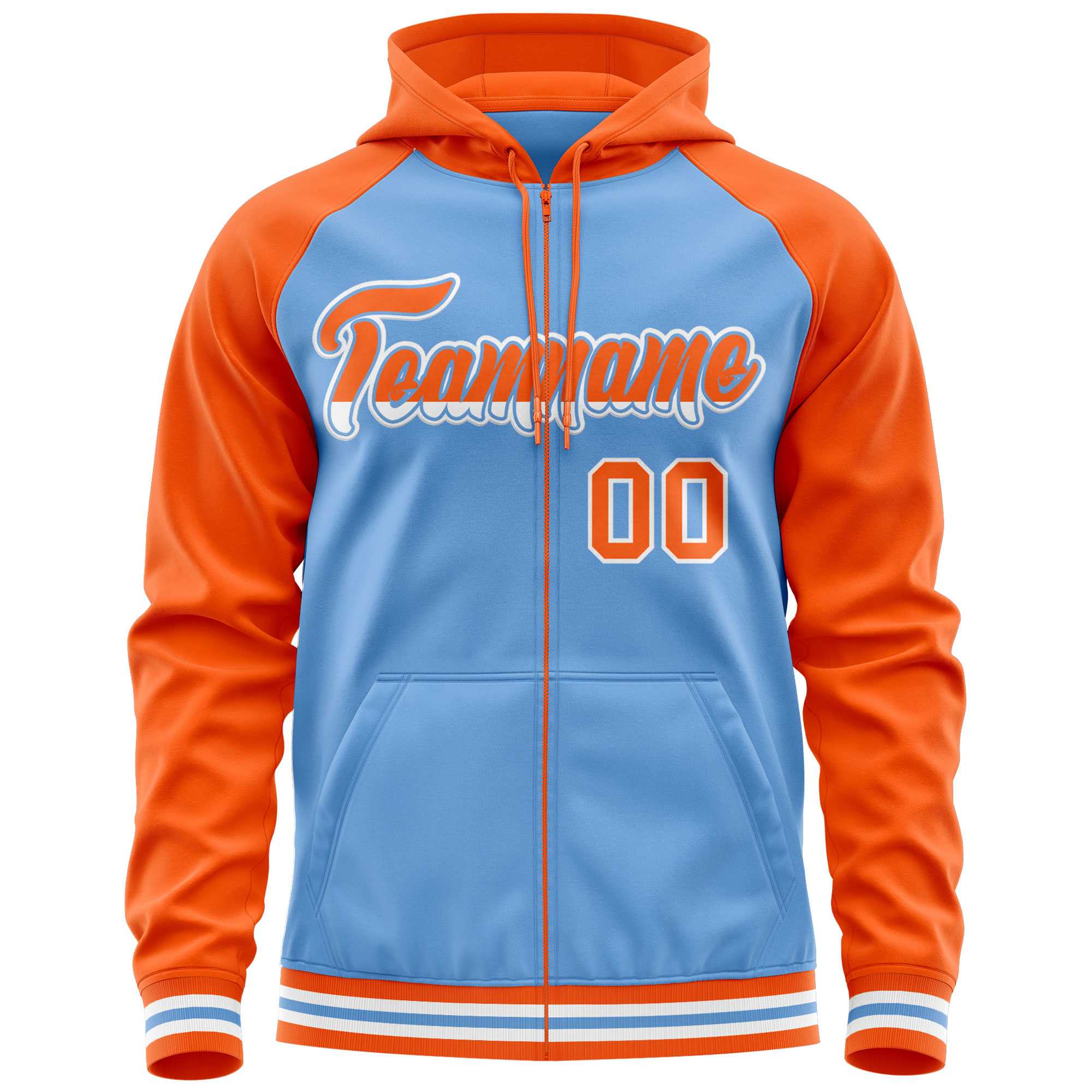 Custom Stitched Powder Blue Orange Raglan Sleeves Sports Full-Zip Sweatshirt Hoodie