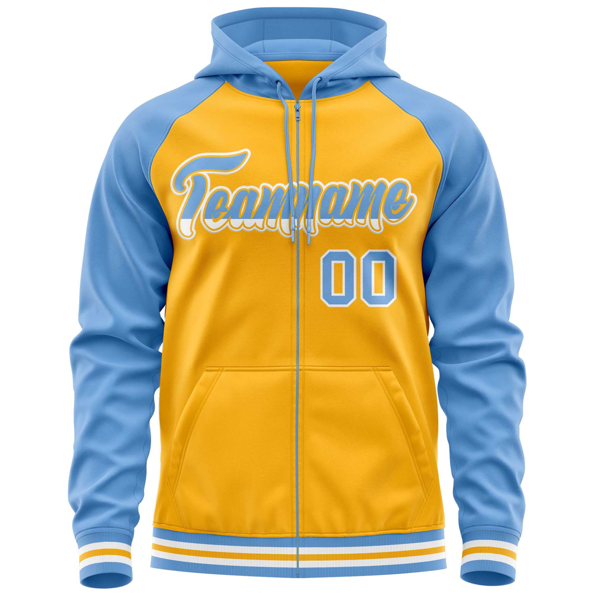 Custom Stitched Yellow Powder Blue Raglan Sleeves Sports Full-Zip Sweatshirt Hoodie