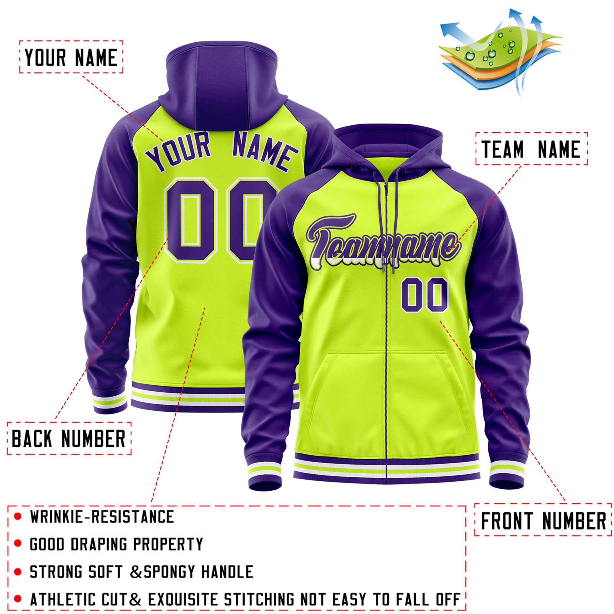 Custom Stitched Neon Green Purple Raglan Sleeves Sports Full-Zip Sweatshirt Hoodie