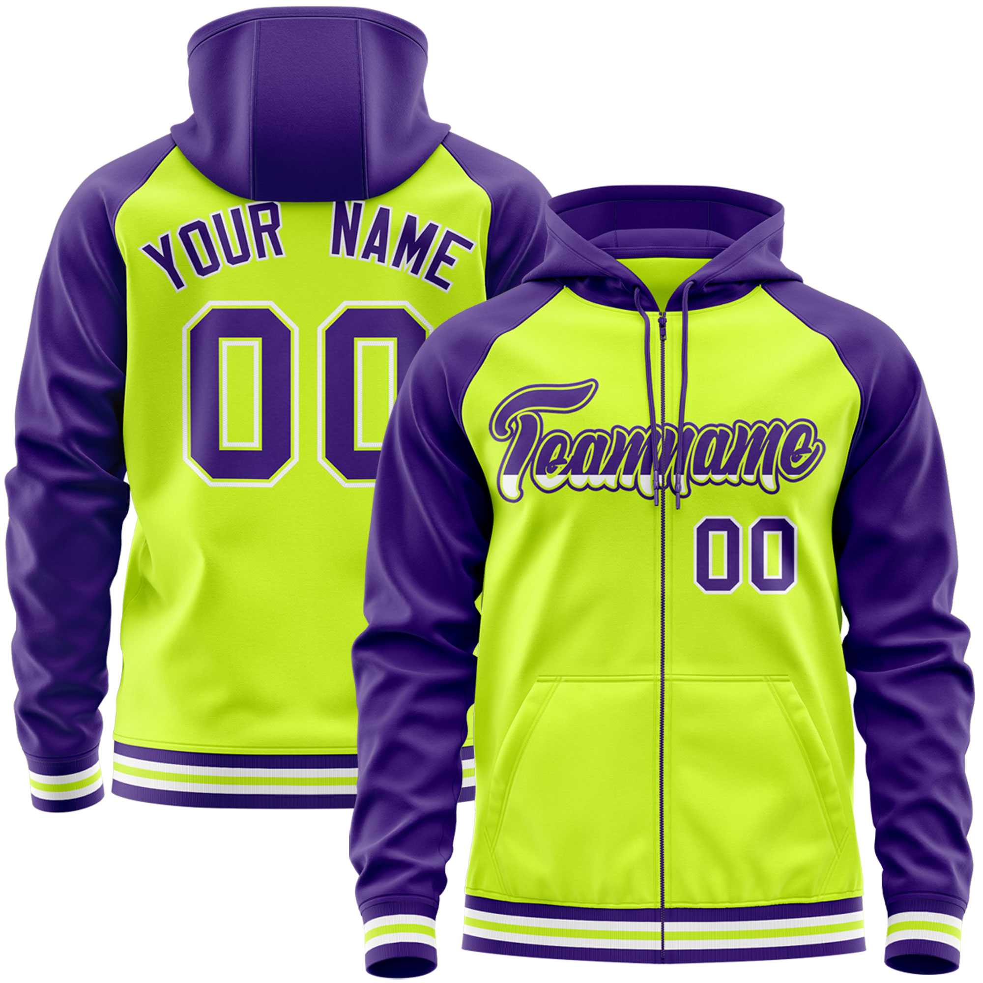 Custom Stitched Neon Green Purple Raglan Sleeves Sports Full-Zip Sweatshirt Hoodie