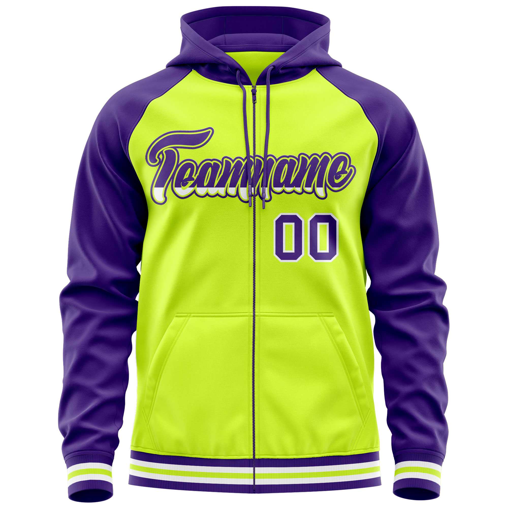 Custom Stitched Neon Green Purple Raglan Sleeves Sports Full-Zip Sweatshirt Hoodie