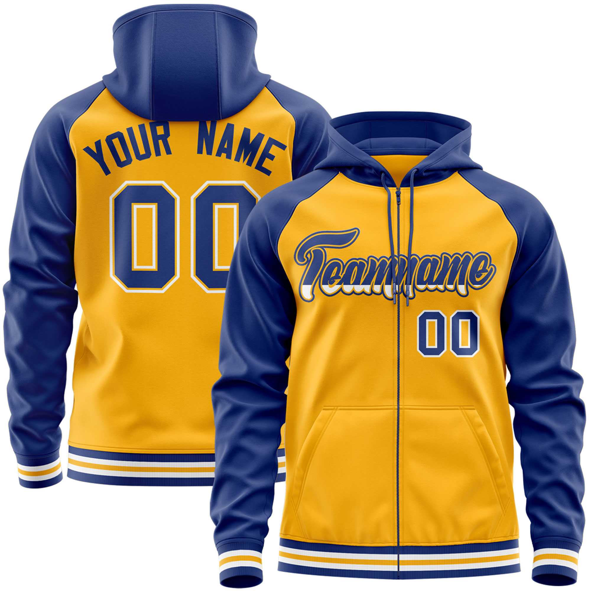 Custom Stitched Yellow Royal Raglan Sleeves Sports Full-Zip Sweatshirt Hoodie