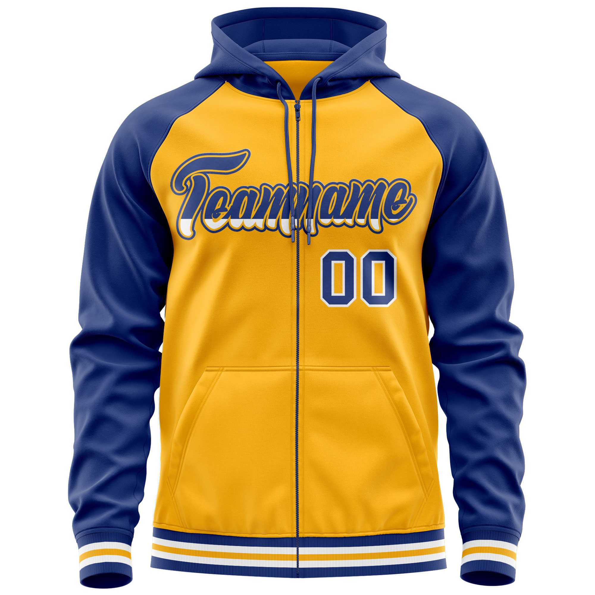 Custom Stitched Yellow Royal Raglan Sleeves Sports Full-Zip Sweatshirt Hoodie