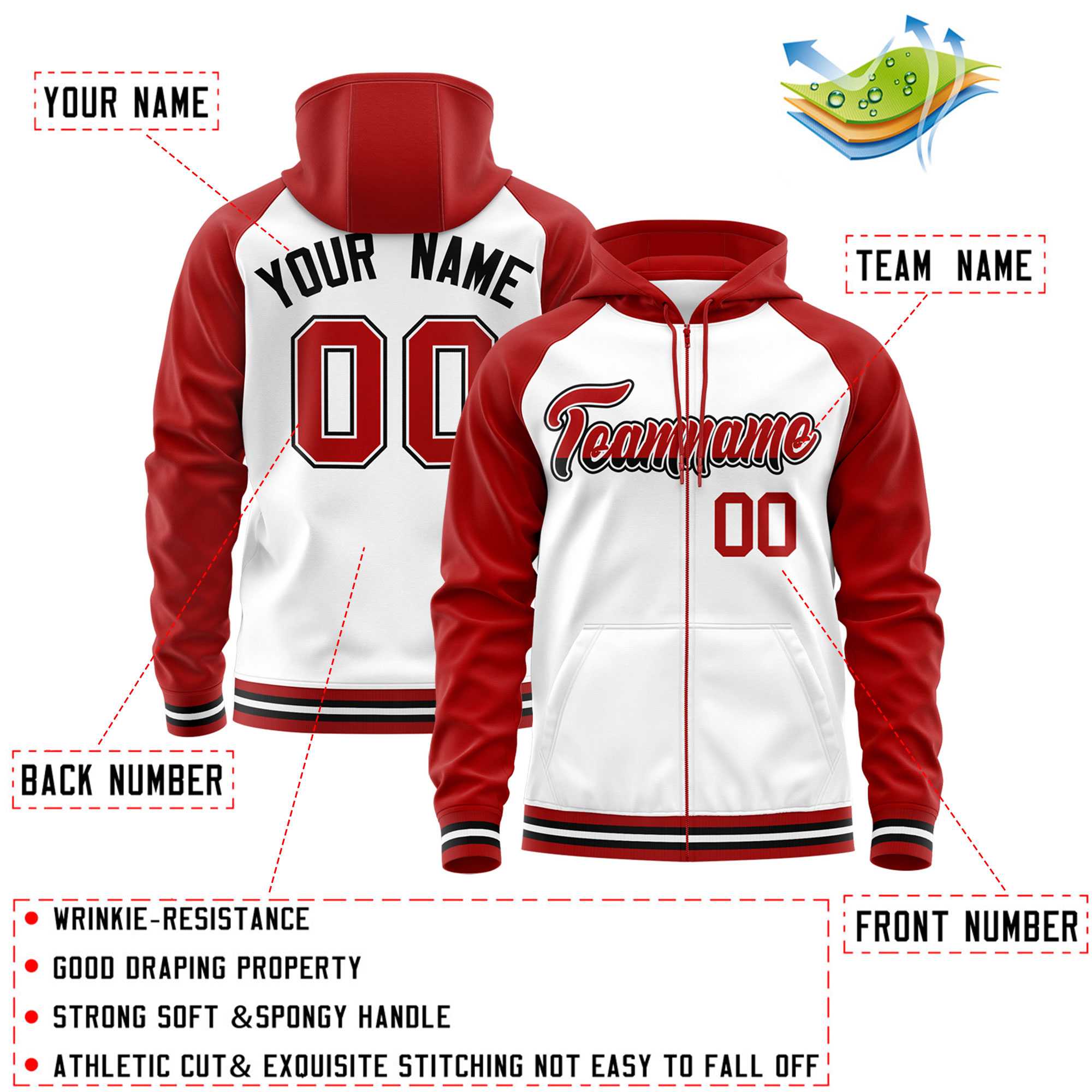 Custom Stitched White Red Raglan Sleeves Sports Full-Zip Sweatshirt Hoodie