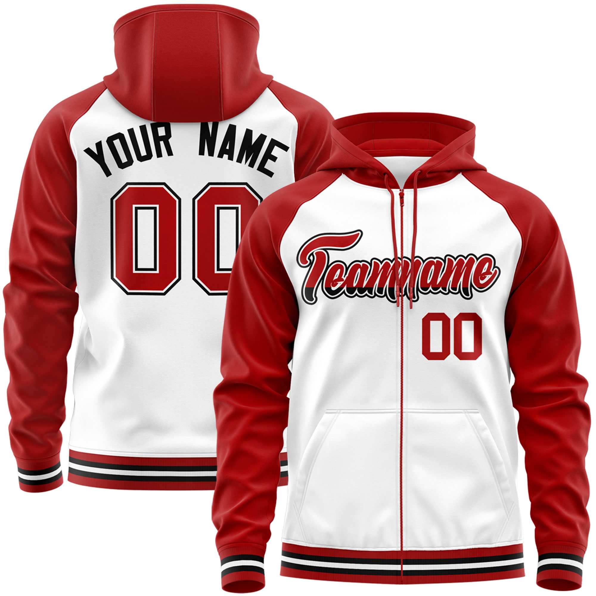 Custom Stitched White Red Raglan Sleeves Sports Full-Zip Sweatshirt Hoodie