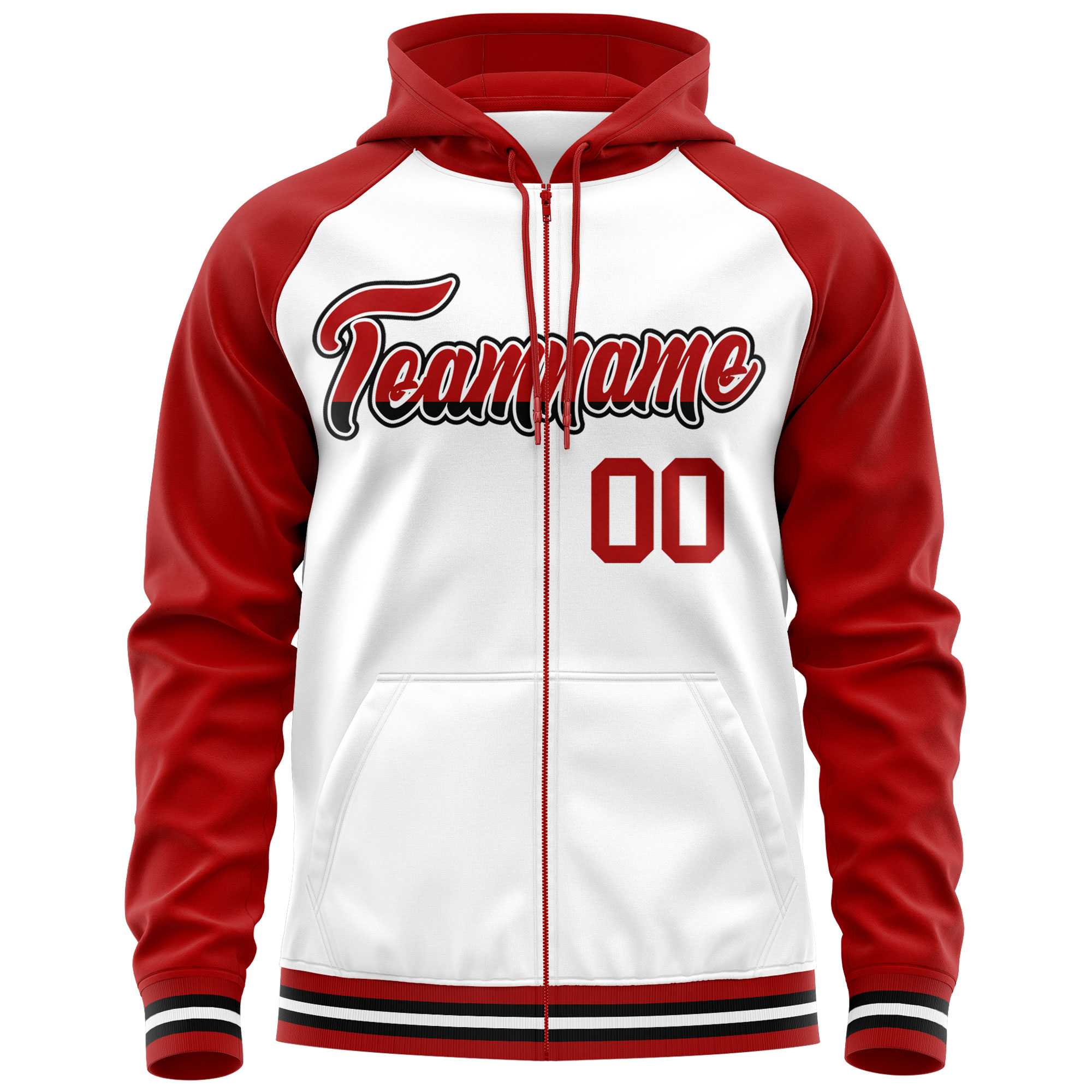 Custom Stitched White Red Raglan Sleeves Sports Full-Zip Sweatshirt Hoodie