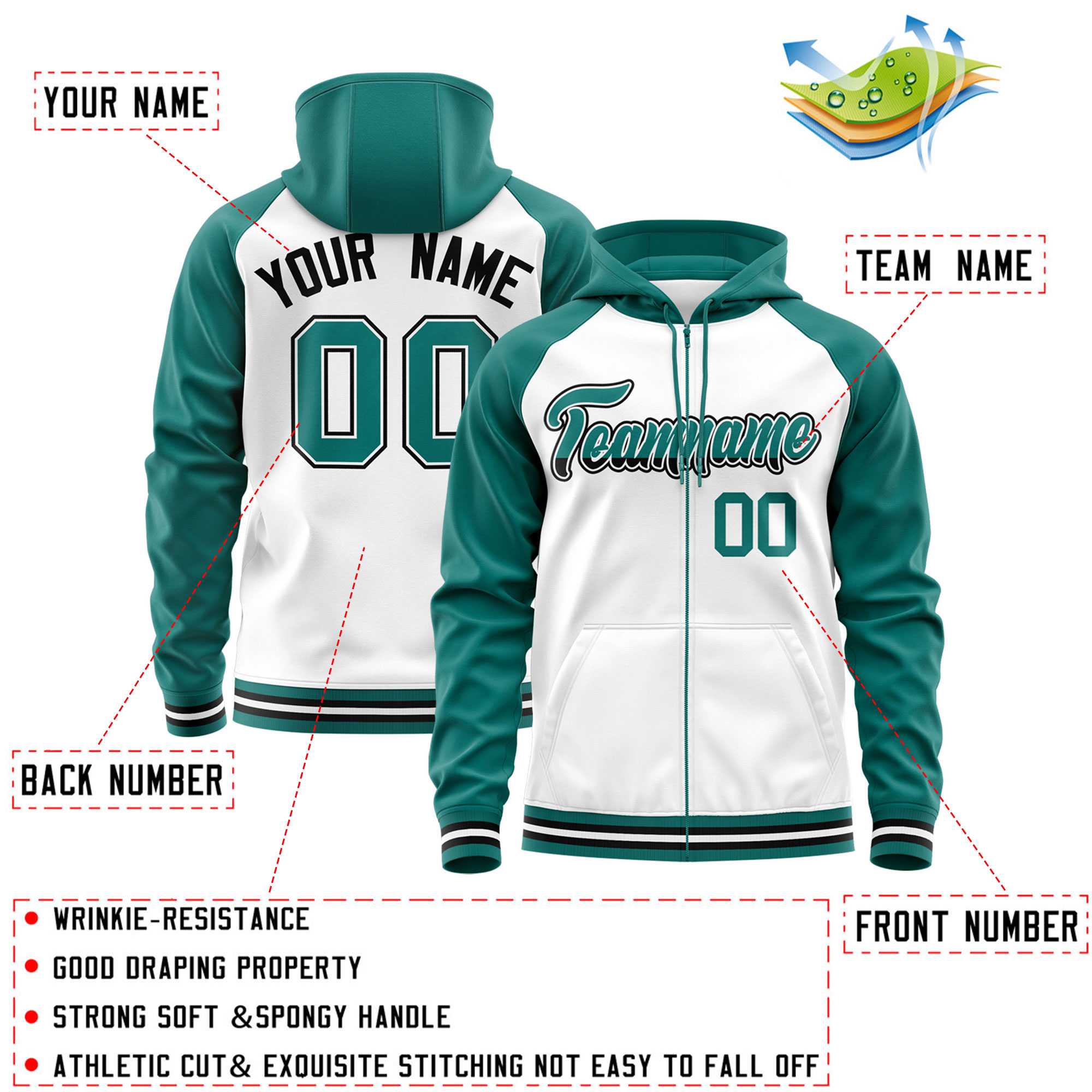 Custom Stitched White Aqua Raglan Sleeves Sports Full-Zip Sweatshirt Hoodie