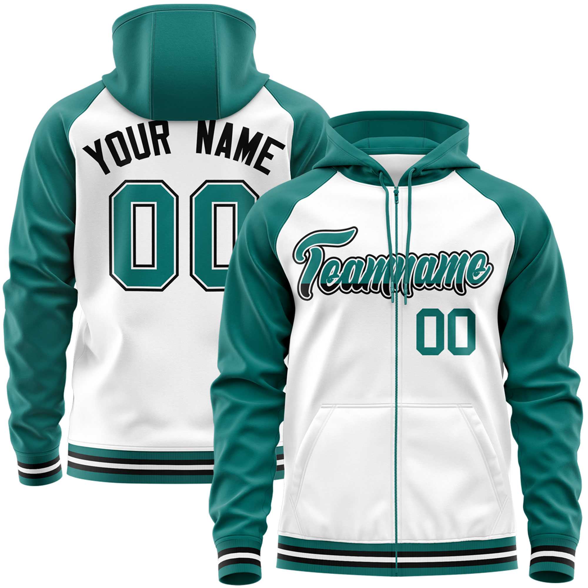 Custom Stitched White Aqua Raglan Sleeves Sports Full-Zip Sweatshirt Hoodie