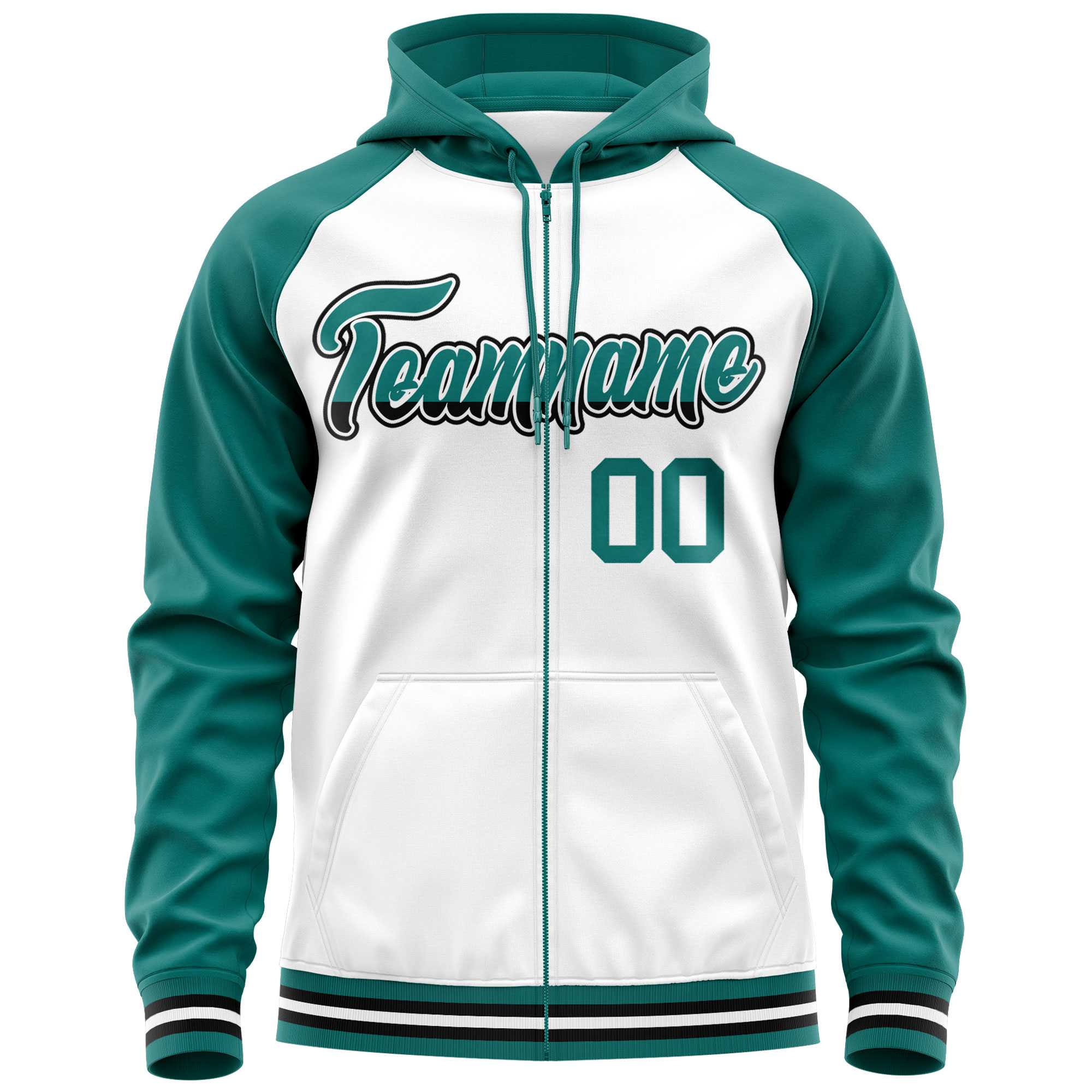 Custom Stitched White Aqua Raglan Sleeves Sports Full-Zip Sweatshirt Hoodie