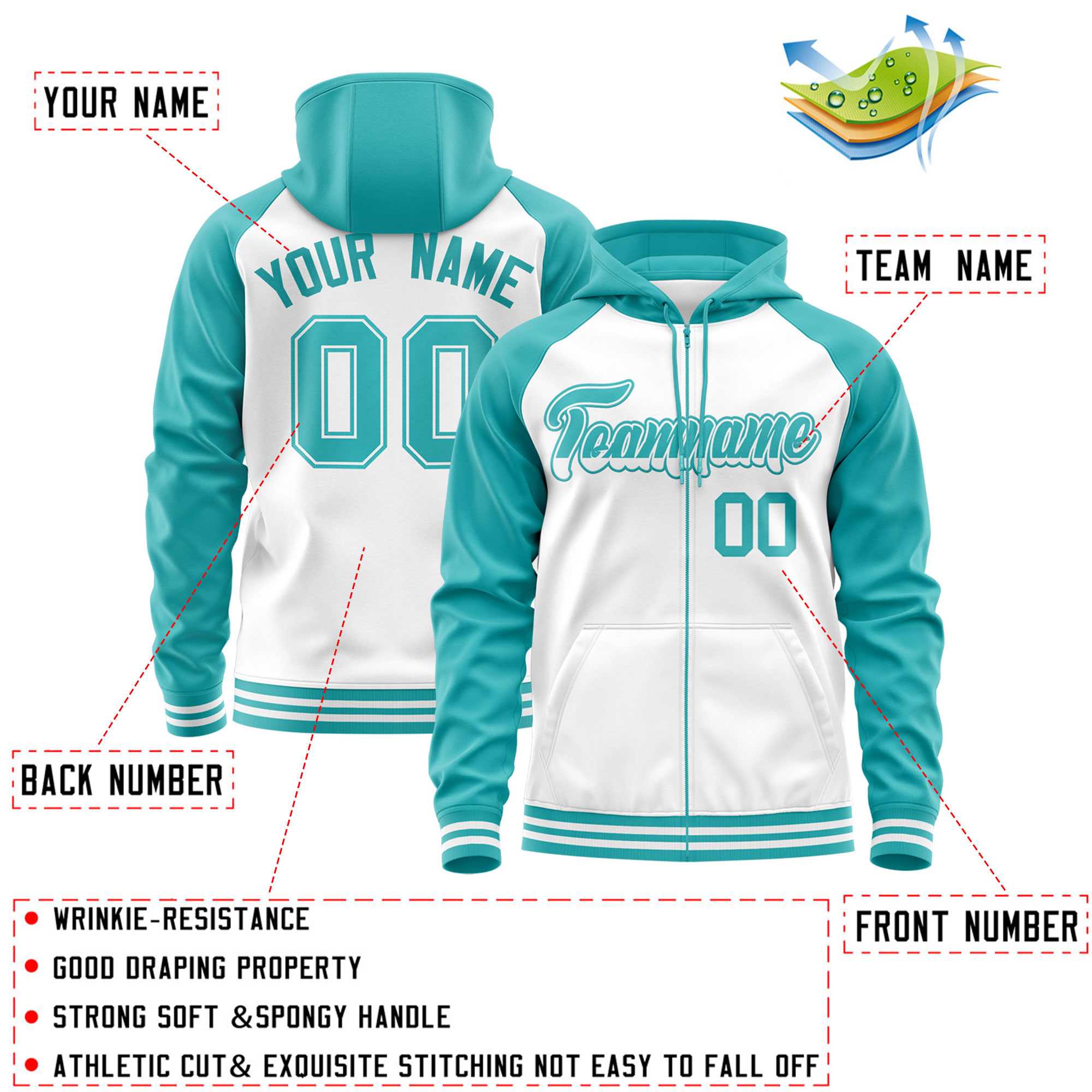 Custom Stitched White Aqua Raglan Sleeves Sports Full-Zip Sweatshirt Hoodie