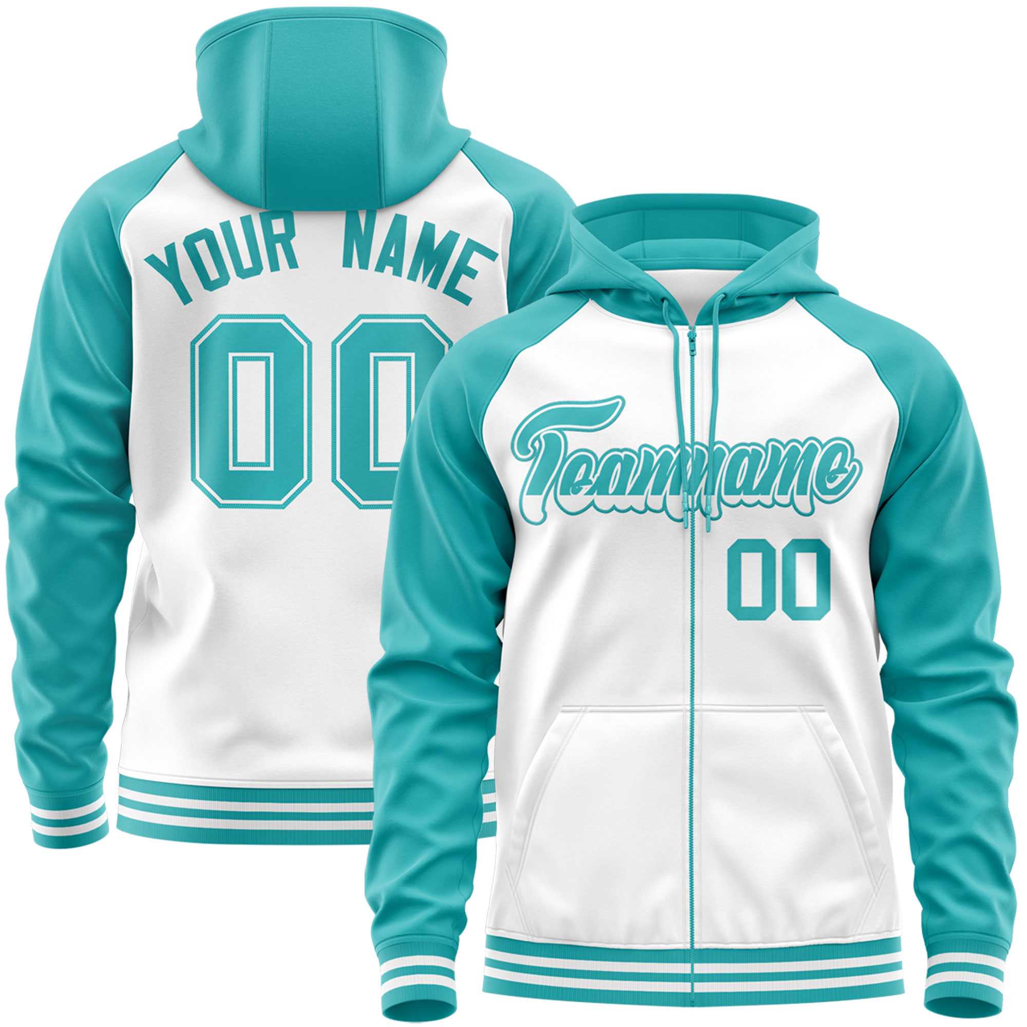 Custom Stitched White Aqua Raglan Sleeves Sports Full-Zip Sweatshirt Hoodie