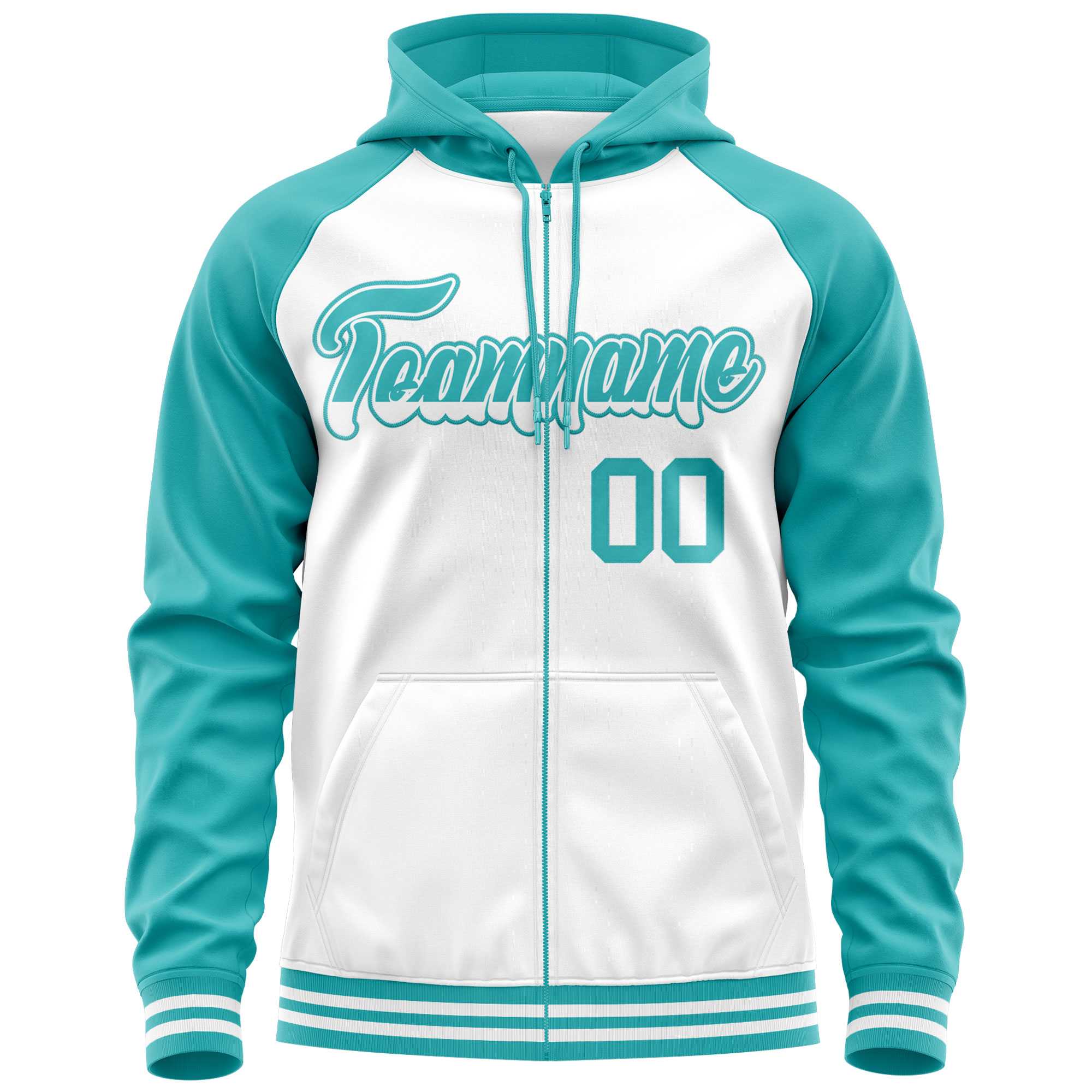 Custom Stitched White Aqua Raglan Sleeves Sports Full-Zip Sweatshirt Hoodie