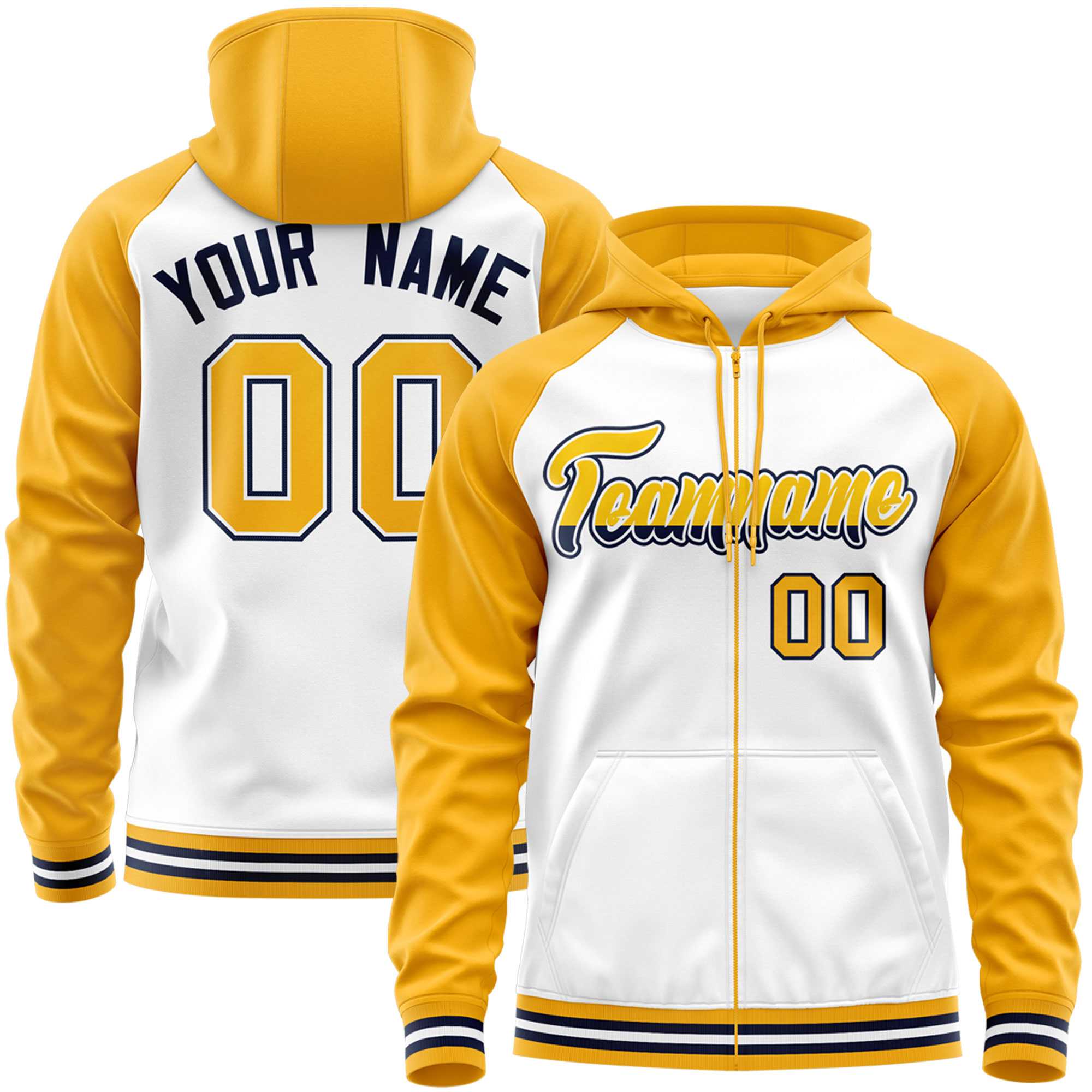 Custom Stitched White Yellow Raglan Sleeves Sports Full-Zip Sweatshirt Hoodie