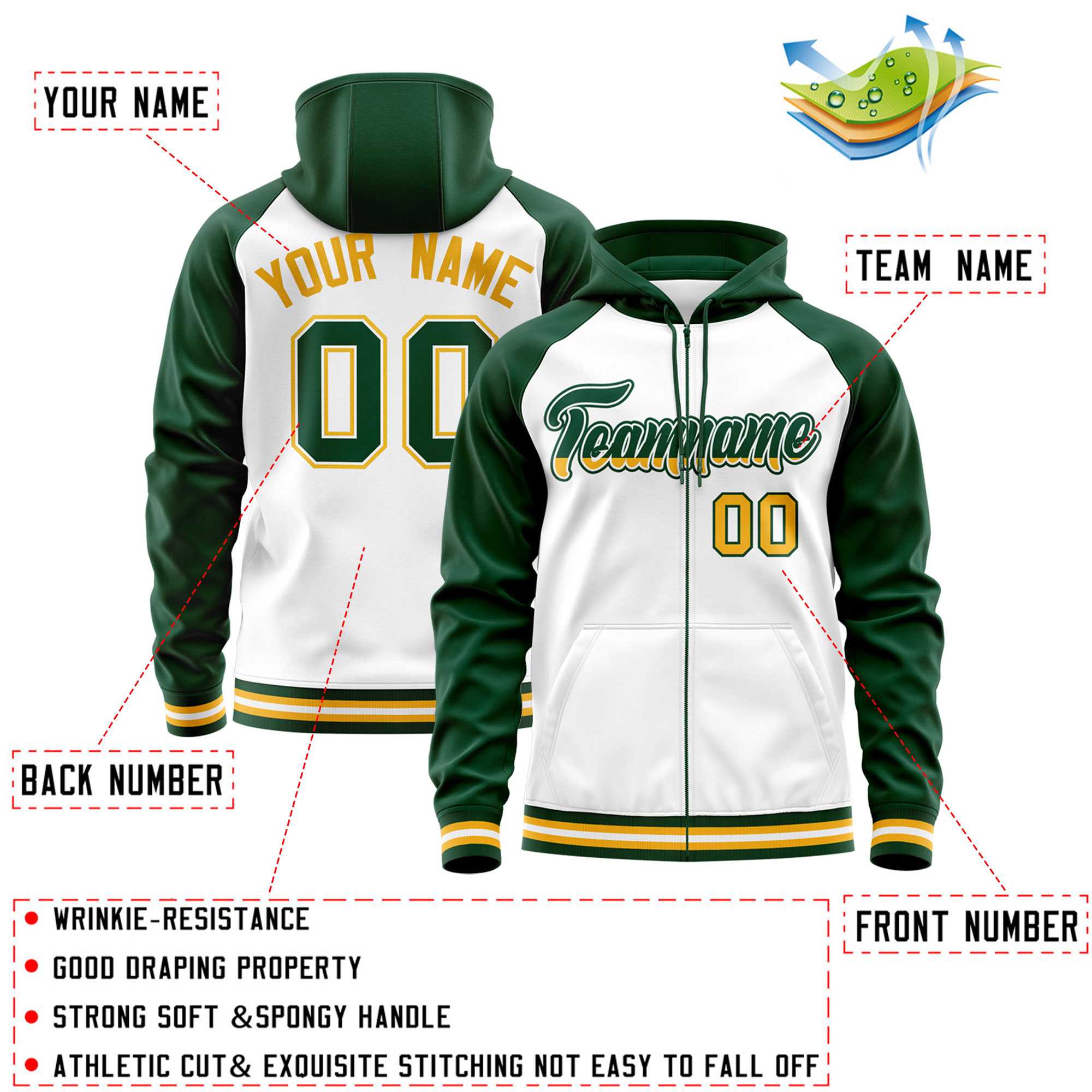 Custom Stitched White Green Raglan Sleeves Sports Full-Zip Sweatshirt Hoodie