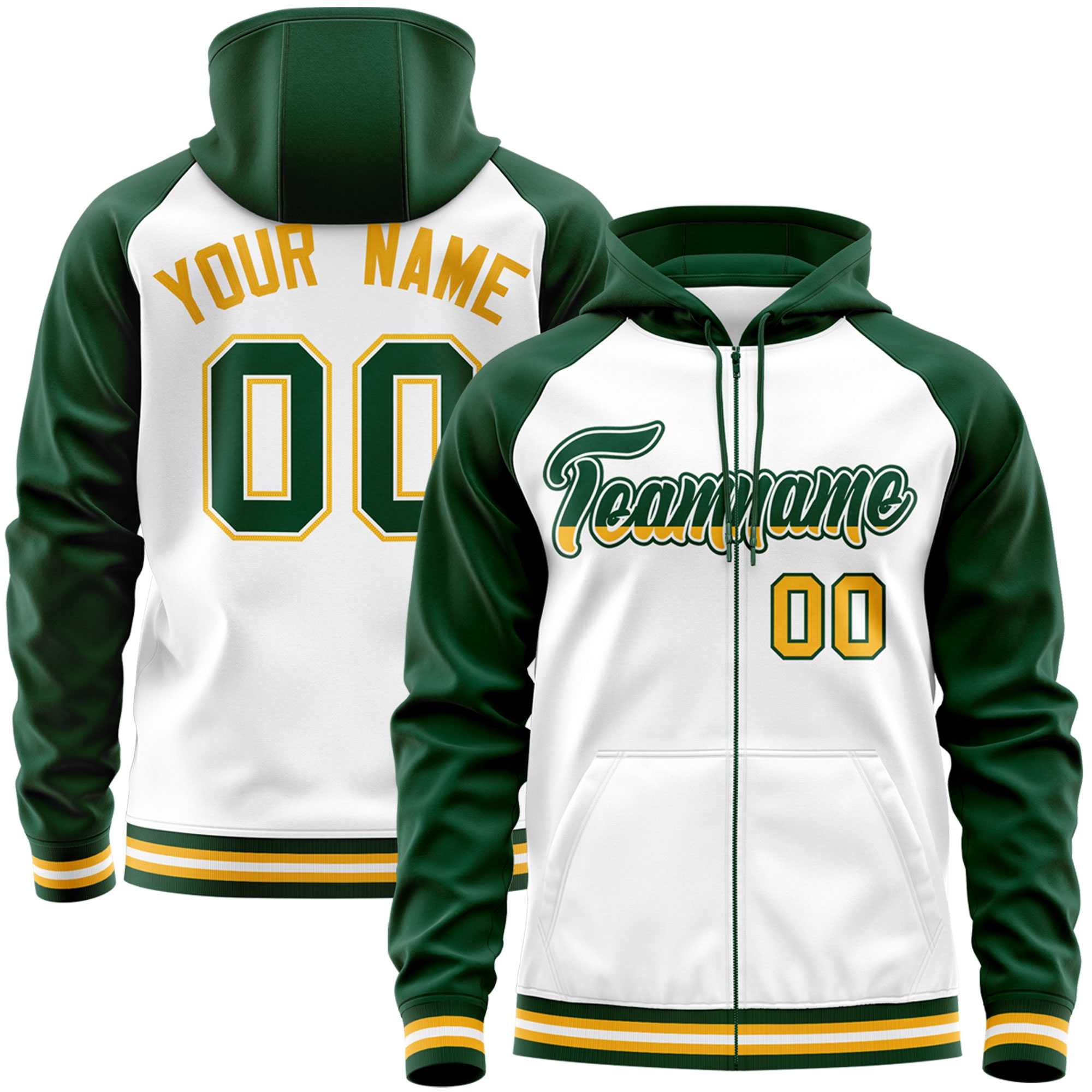 Custom Stitched White Green Raglan Sleeves Sports Full-Zip Sweatshirt Hoodie