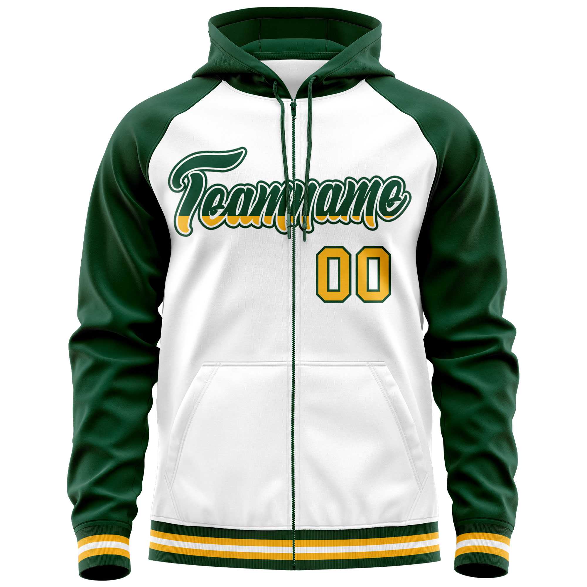 Custom Stitched White Green Raglan Sleeves Sports Full-Zip Sweatshirt Hoodie