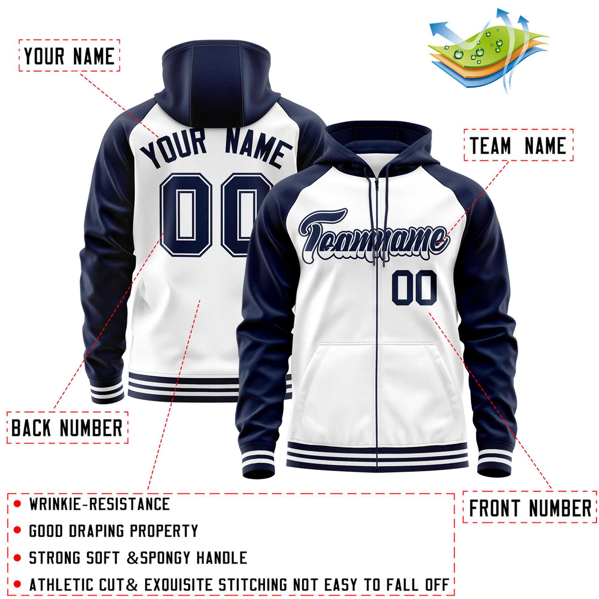 Custom Stitched White Navy Raglan Sleeves Sports Full-Zip Sweatshirt Hoodie